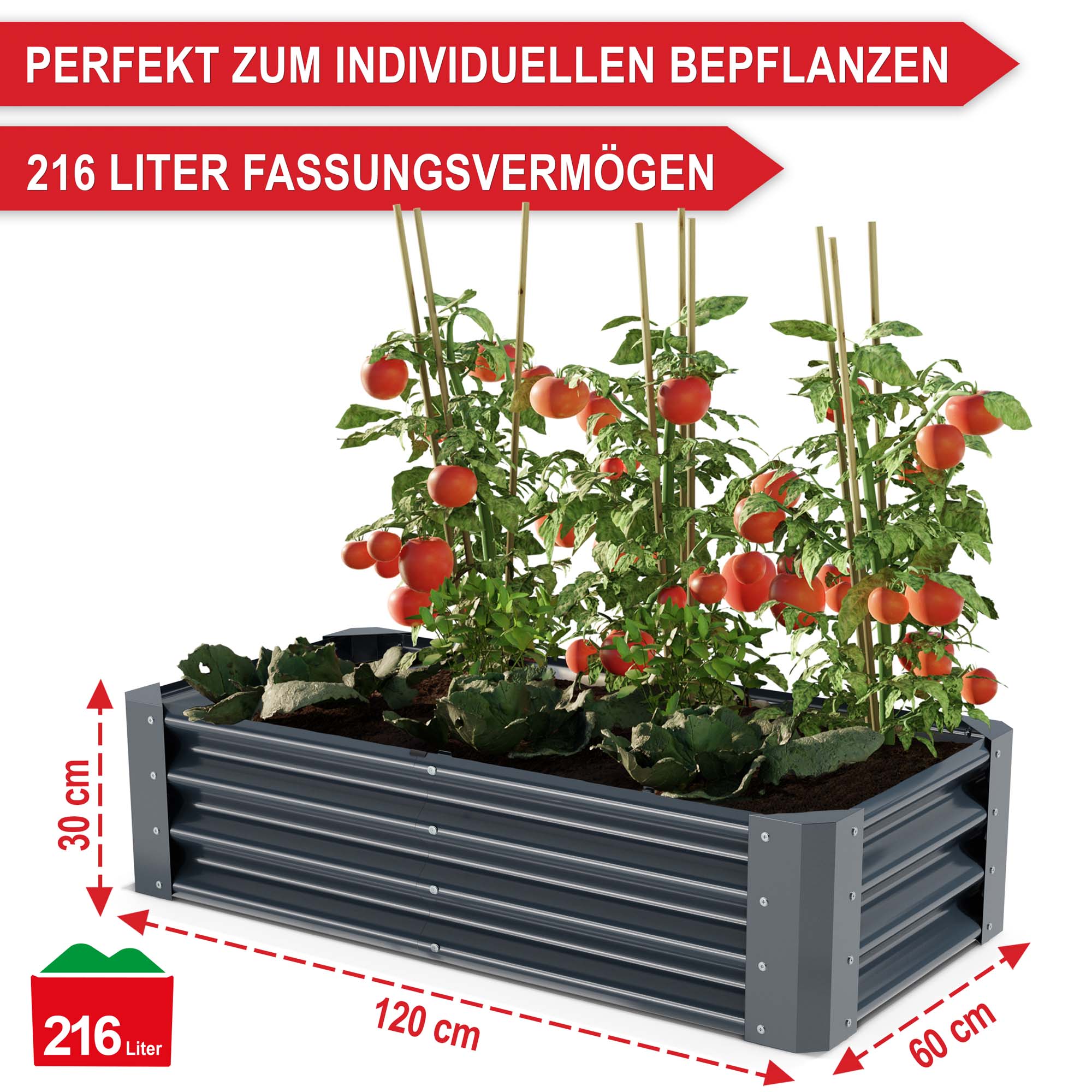 Perfekt zum individuellen Bepflanzen 216 Liter Fassungsvermögen 120 cm lang 60 cm breit 30 cm hoch