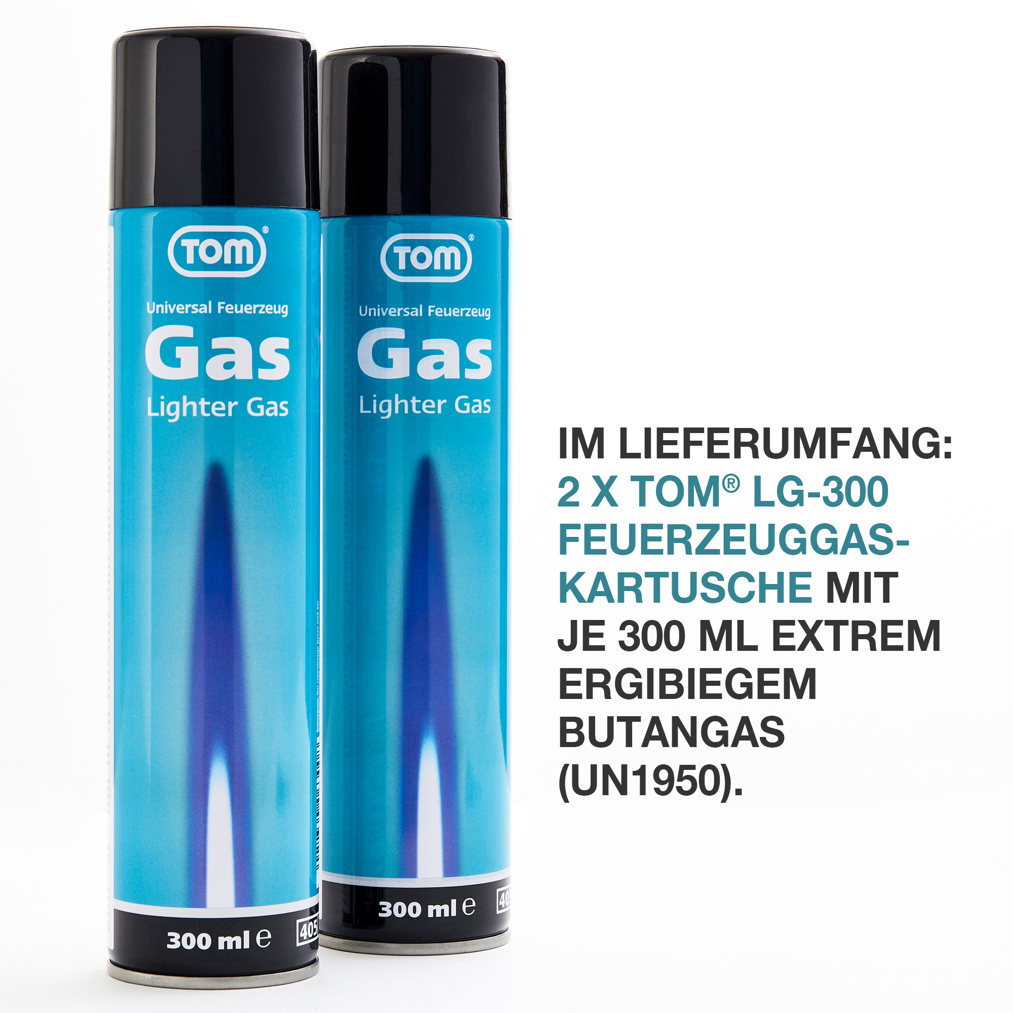 TOM LG-300 Feuerzeuggas-Kartusche 2 x 300 ml Butangas Ergiebig und zuverlässig für Ihre Feuerzeuge