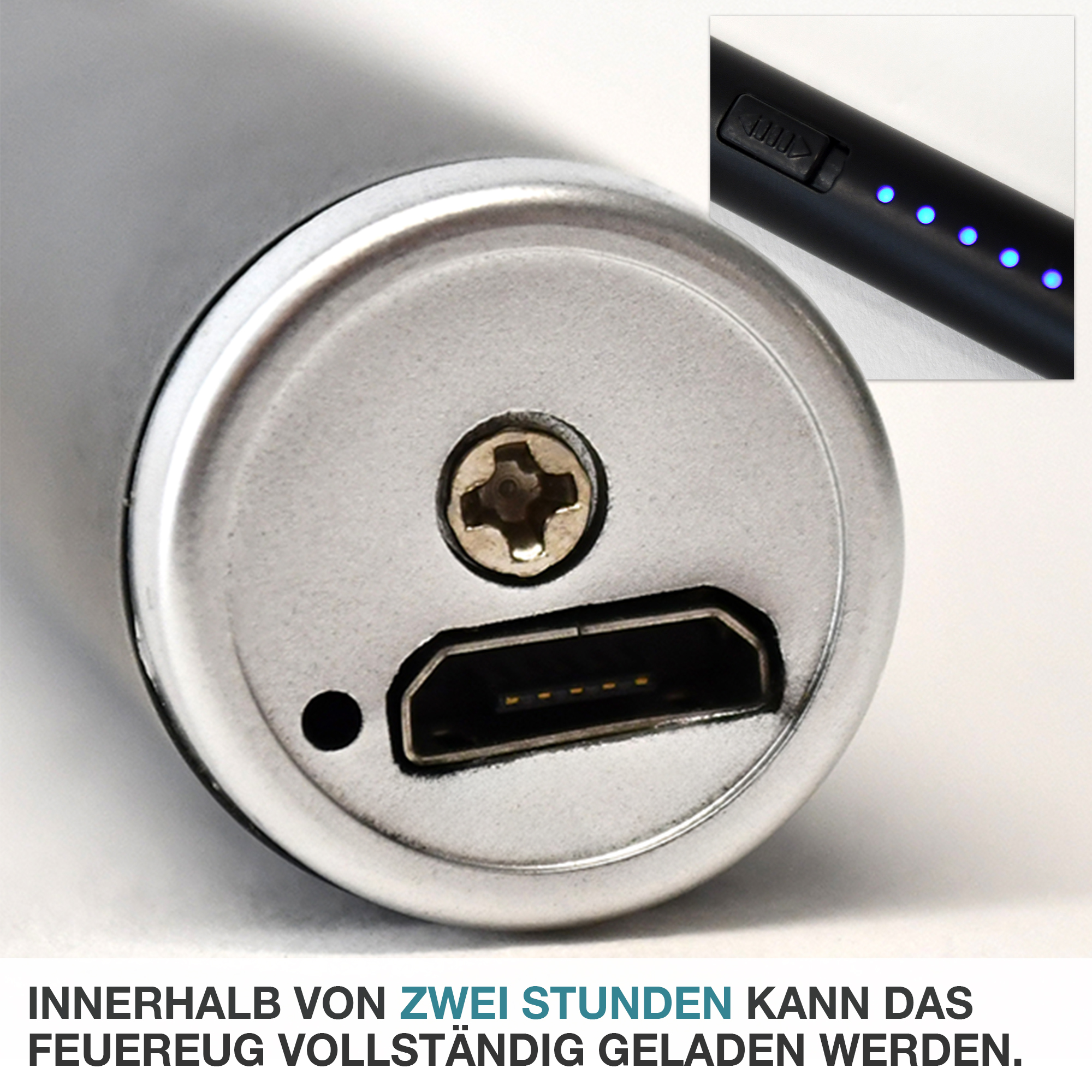 Innerhalb von zwei Stunden kann das Lichtbogenfeuerzeug vollständig geladen werden. Elektronischer Zünder – Feueranzünder – Gasanzünder – Zigarettenanzünder – Kerzenanzünder – Flammenwerfer – Streichholzersatz – Zündgerät – Kaminanzünder