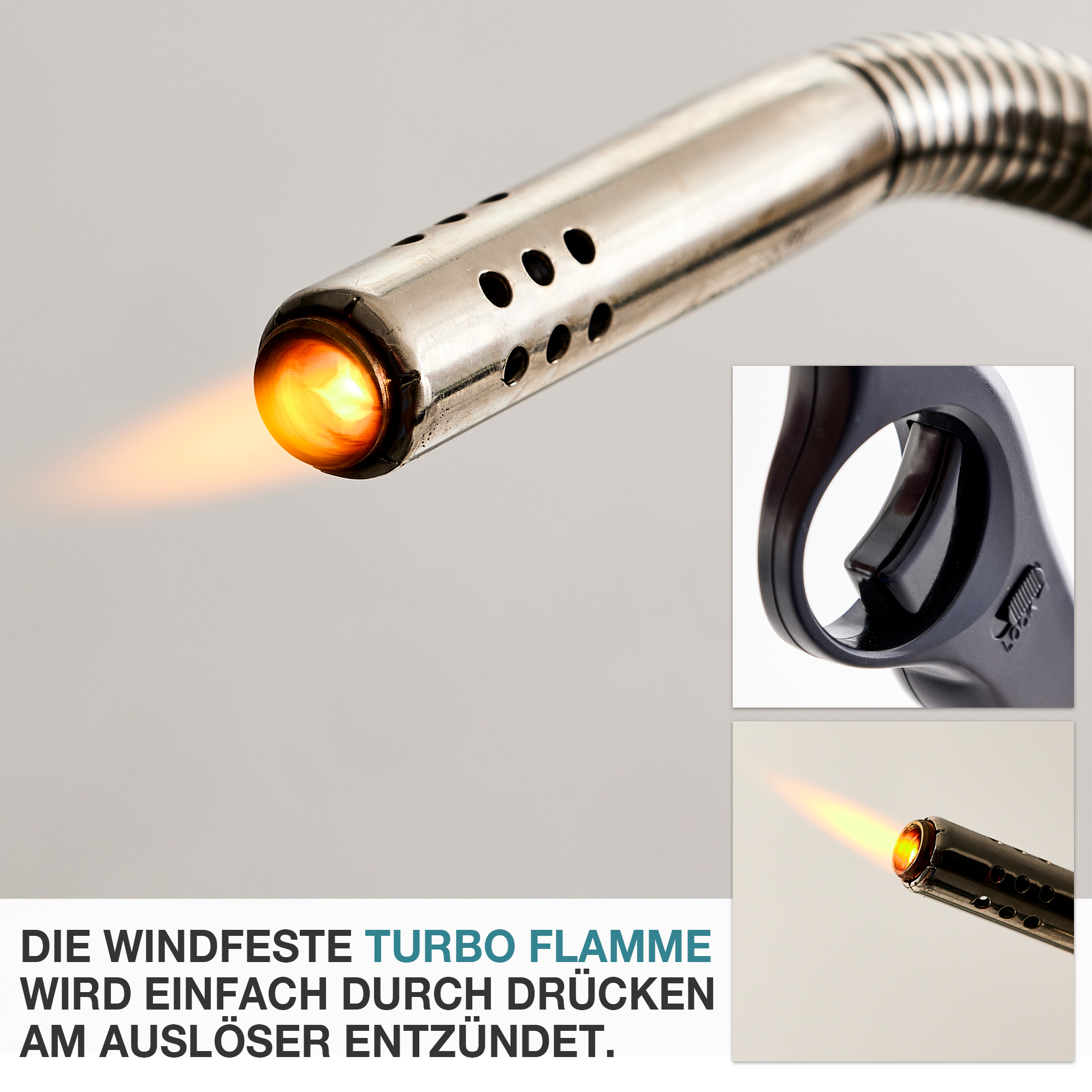 Turbo Flamme durch Drücken am Auslöser - Mit elektronischem Zünder – Zigarettenanzünder – Feueranzünder – Gasanzünder – Kaminanzünder – Stabfeuerzeug – Kerzenanzünder – Flammenwerfer – Zündgerät – Streichholzersatz