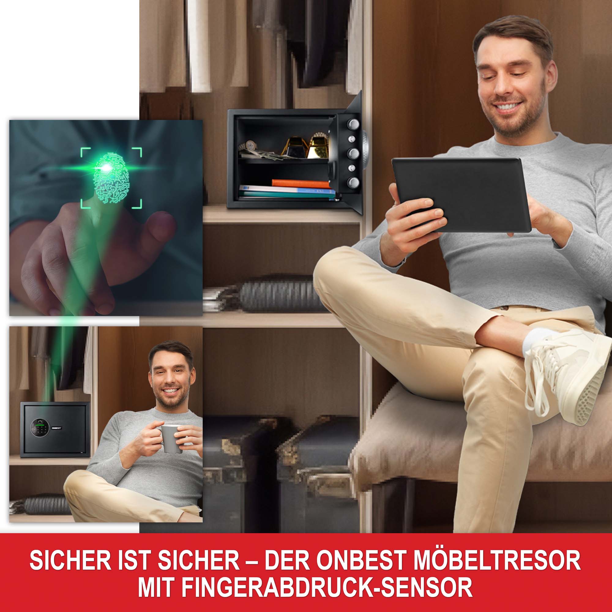 Tresor - Der Onbest Möbeltresor mit Fingerabdruck-Sensor - Elektronischer Safe - Sicherheitsschrank - Wertschutz - Sicherheitsbox