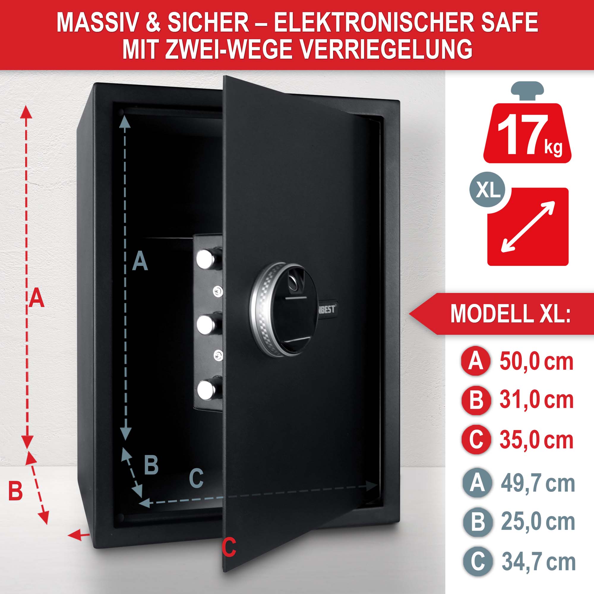 Massiv und sicher - Elektronischer Safe - Zwei-Wege-Verriegelung - 17 kg - Modell XL - Innenmaße: 50,0 cm (A), 31,0 cm (B), 35,0 cm (C) - Außenmaße: 49,7 cm (A), 25,0 cm (B), 34,7 cm (C) - Tresor - Sicherheitstresor - Möbeltresor - Safe