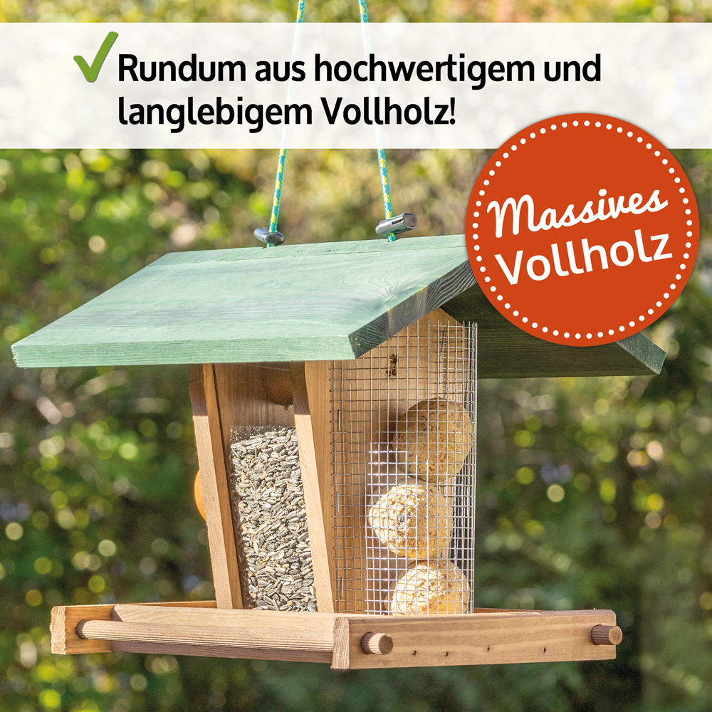 Vogelhaus Bird Kitchen aus hochwertigem und langlebigem braunem Vollholz mit grünem Dach ausgestattet mit Meisenknödelhalter und Futterkammer