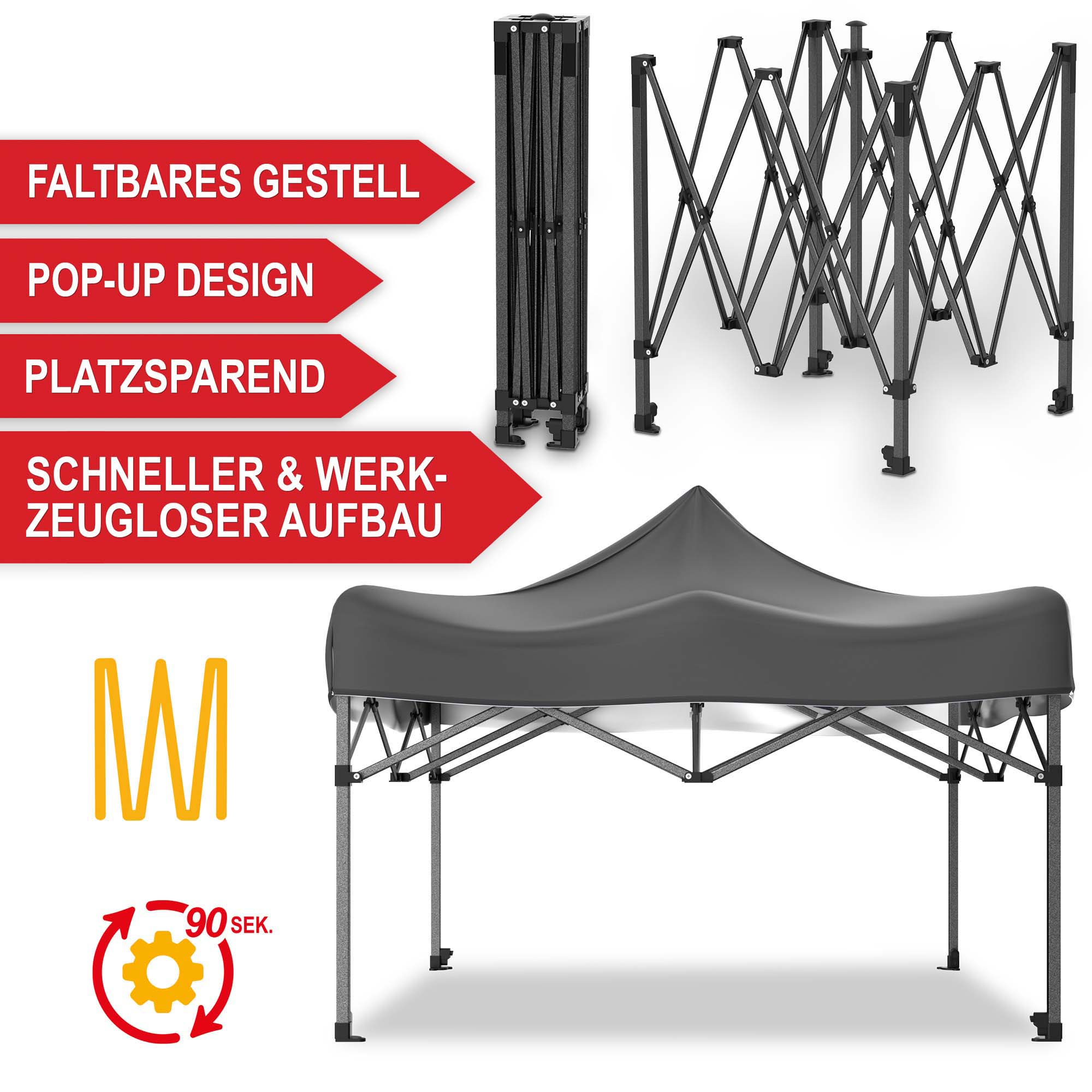 Faltbares Gestell - Pop-Up Design - Platzsparend - Schneller und werkzeugloser Aufbau - Pavillon grau - Schutzdach - Festzelt - Gartenpavillon - Zelt - Eventzelt - Partyzelt - Regenschutz - Sonnenschutz - Überdachung