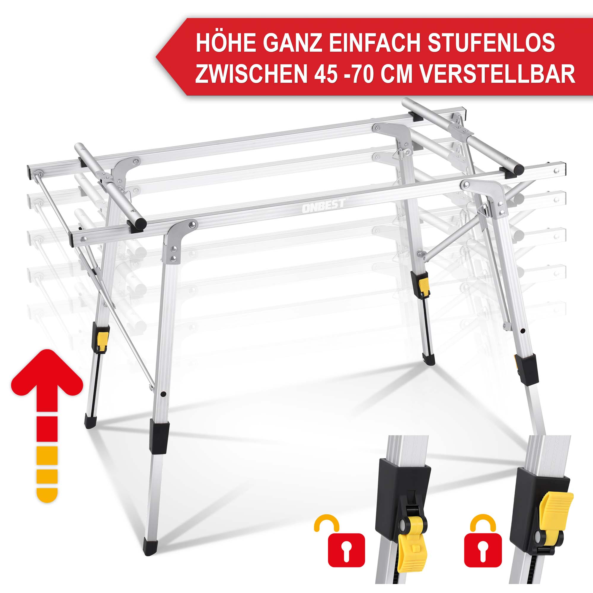 Stufenlos höhenverstellbarer Tisch 45-70 cm - Höhenverstellbarer Campingtisch - Anpassbarer Picknicktisch - Flexibler Klapptisch