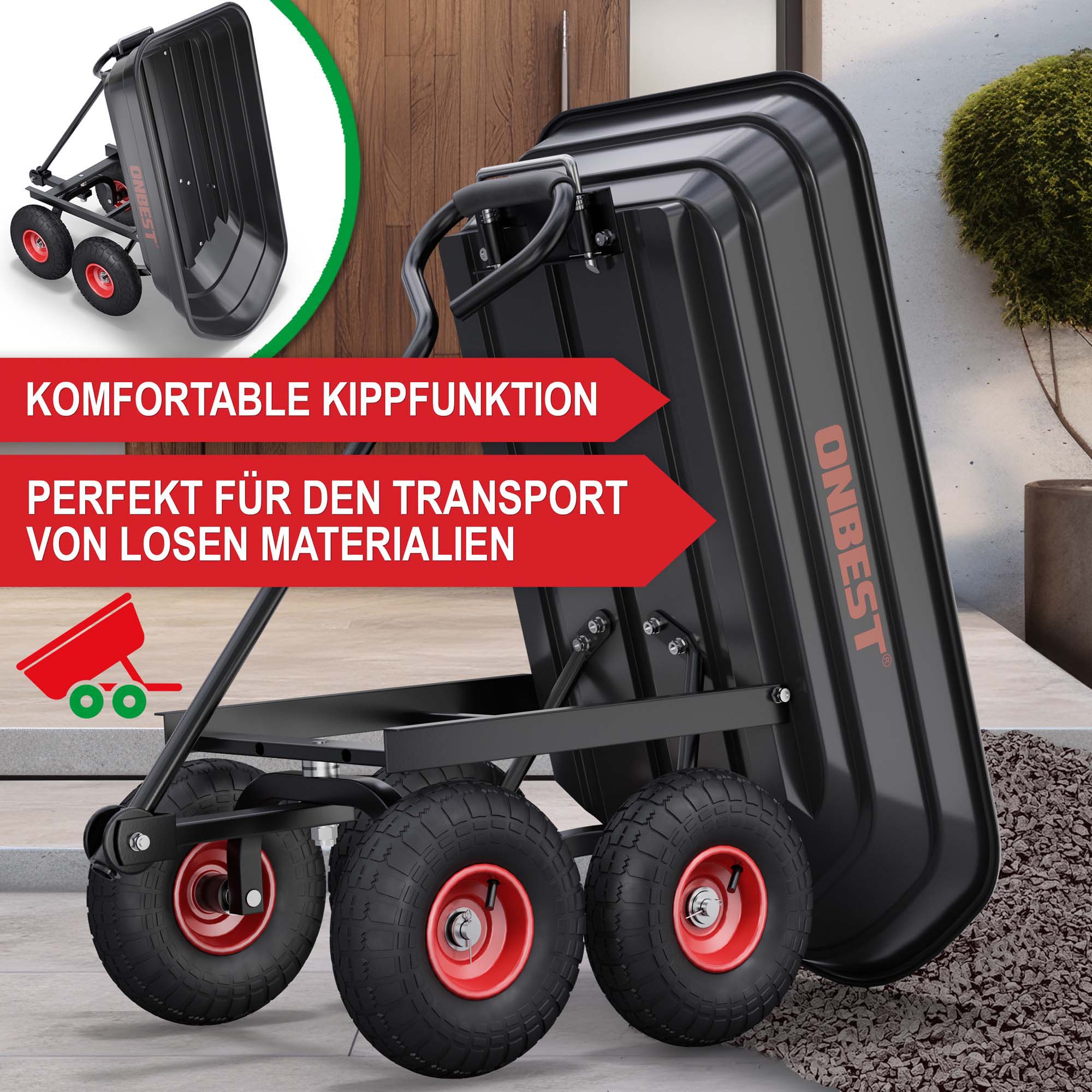 ONBEST Gartenwagen mit komfortabler Kippfunktion perfekt für den Transport von losen Materialien