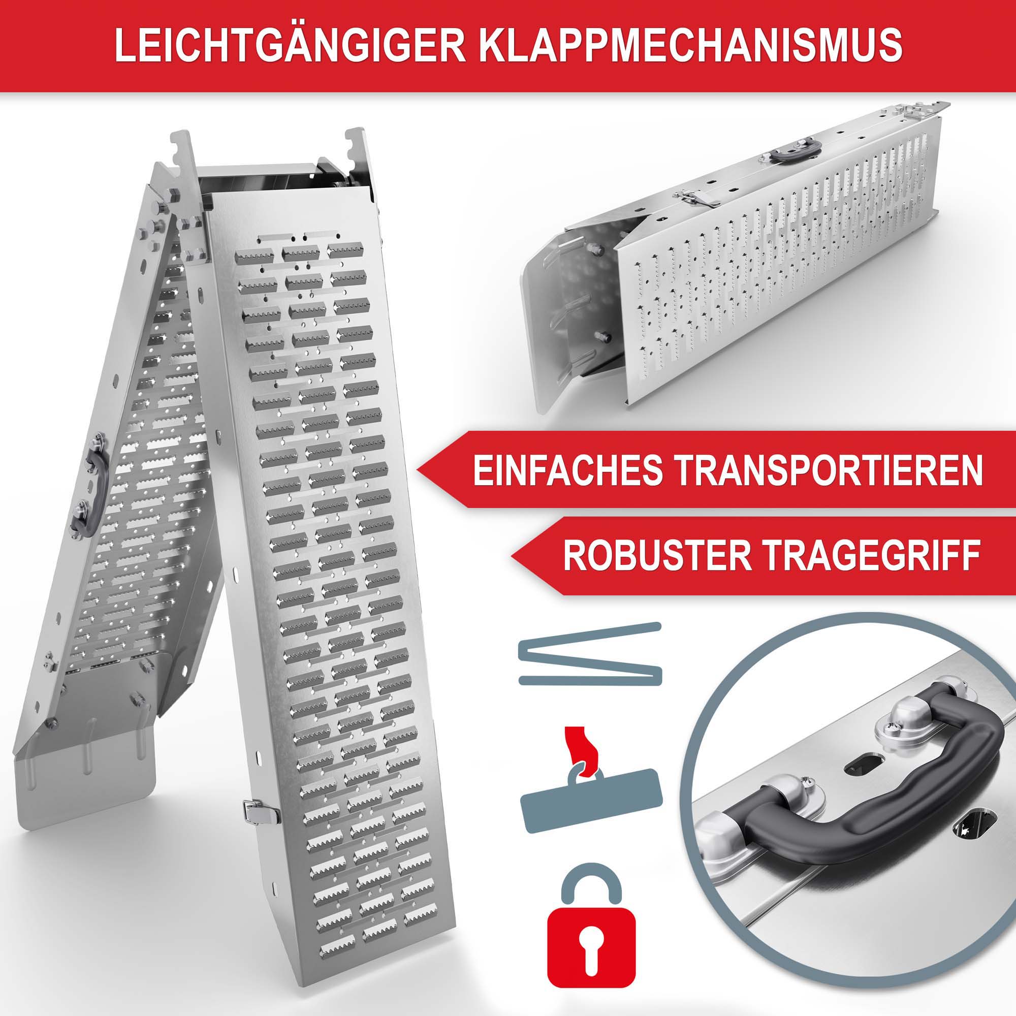 Einfacher Klappmechanismus robuster Traegergriff Stahl Auffahrrampen