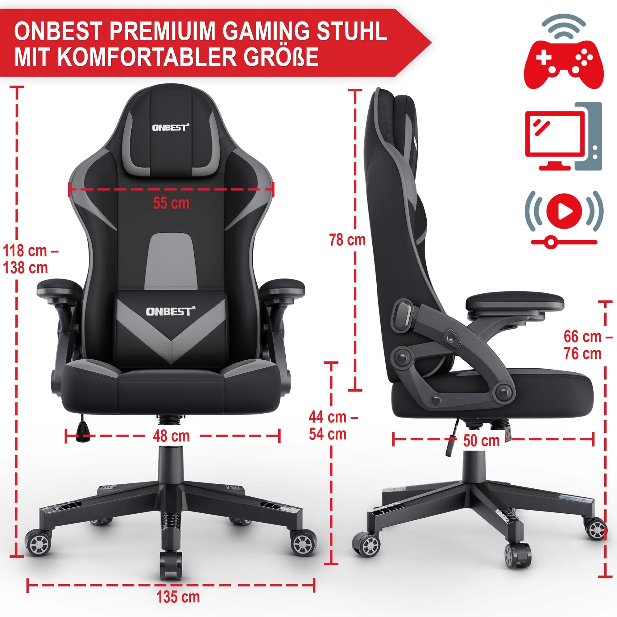 Gaming Stuhl schwarz-grau  schwarz-blau komfortable Größe 118 bis 138 cm hoch 55 cm breite Rückenlehne Sitzhöhe 44 bis 54 cm Sitzbreite 50 cm Gesamtlänge 135 cm geeignet für Gaming und Büro