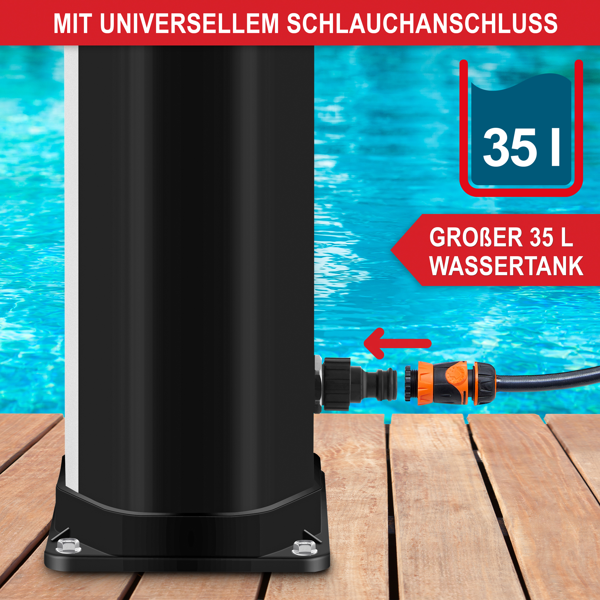 universeller Schlauchanschluss - Großer 35 L Wassertank - Solardusche - Gartendusche - Außendusche - Pooldusche - Kompatibel mit Standard-Gartenschläuchen - Effiziente Wassererwärmung