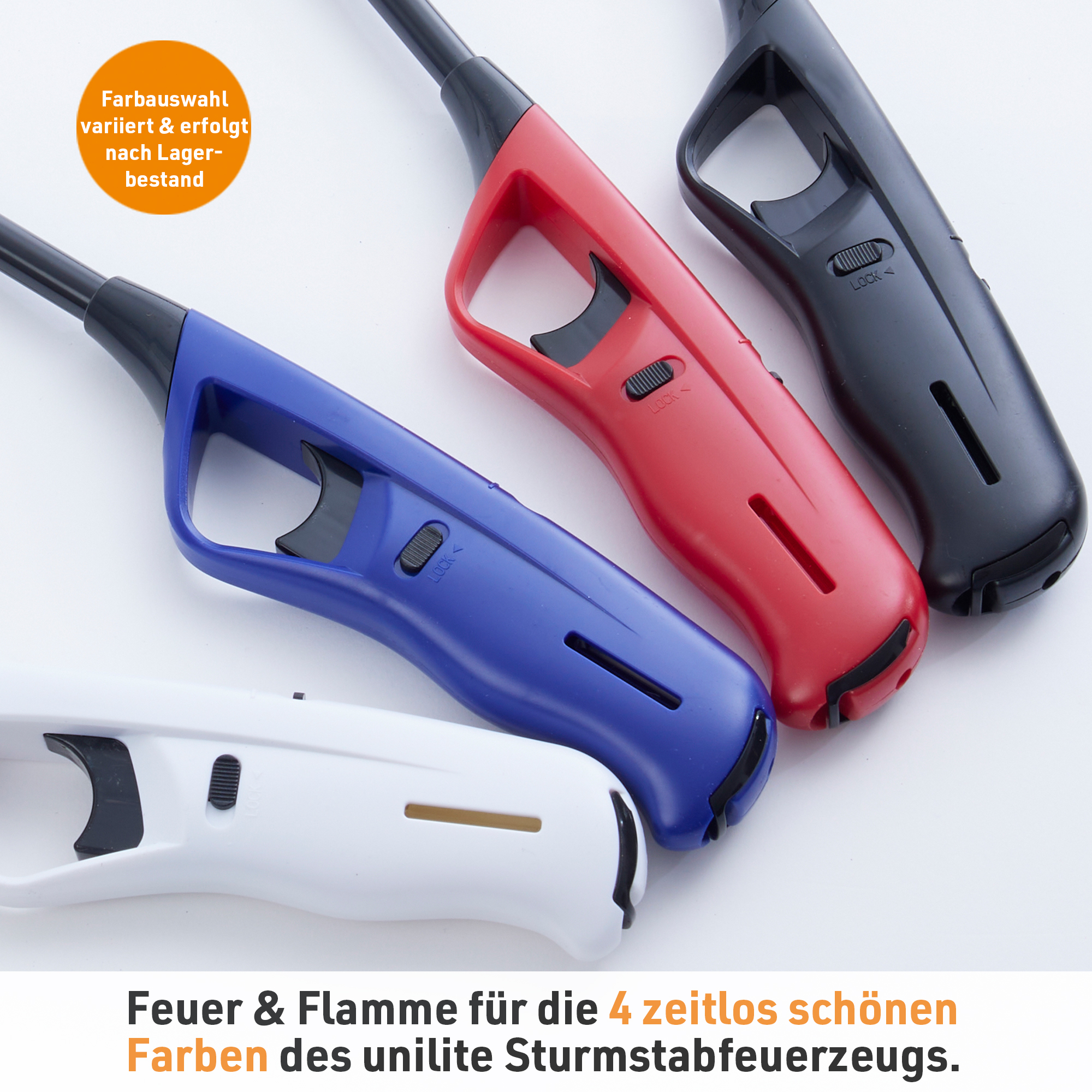 Feuer und Flamme für die vier zeitlos schönen Farben des unilite Sturmstabfeuerzeugs