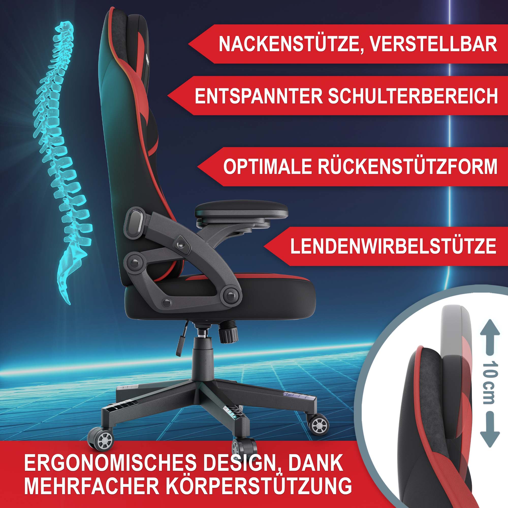 Ergonomischer Bürostuhl schwarz-rot mit verstellbarer Nackenstütze Lendenwirbelstütze und optimaler Rückenstützform für entspannten Schulterbereich