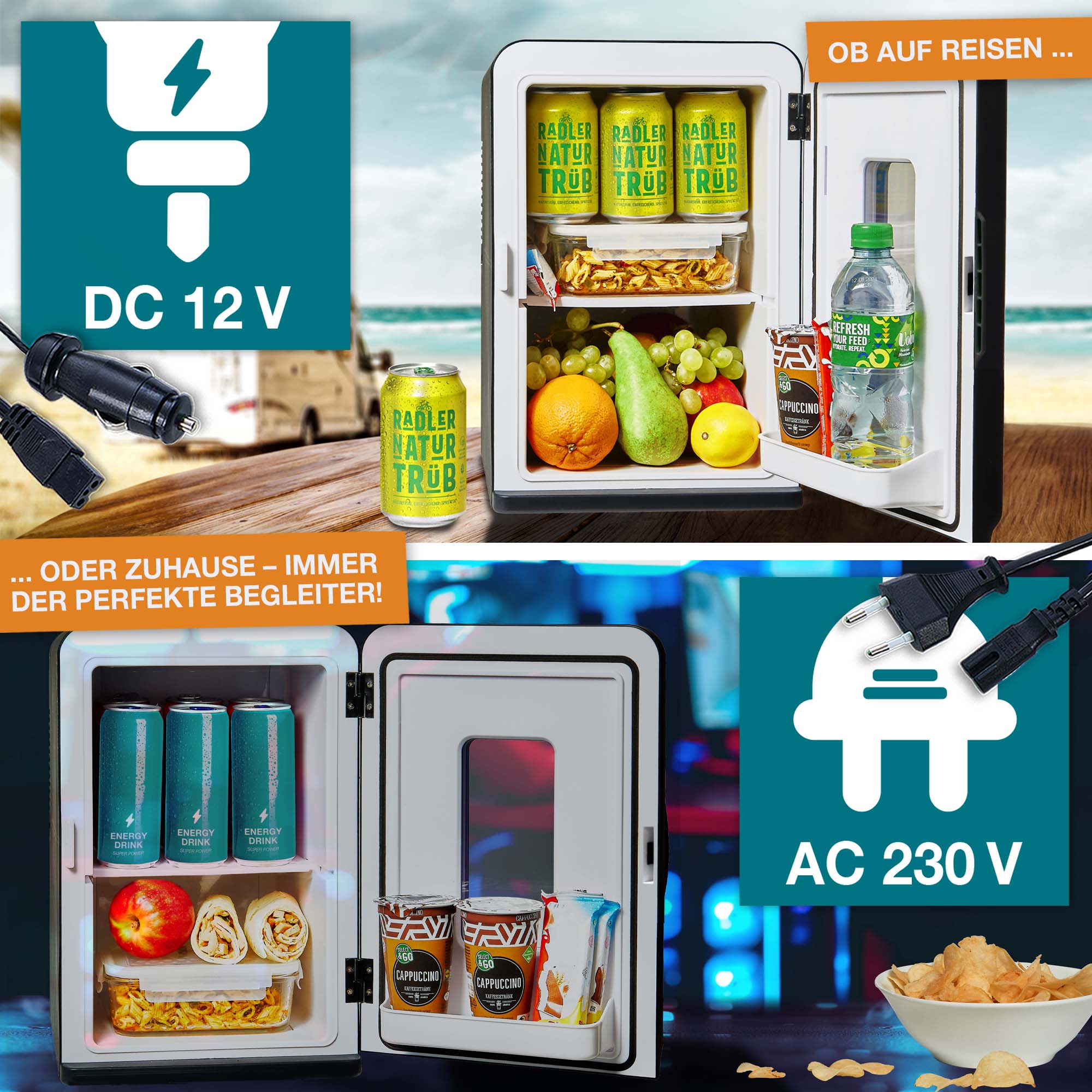 Mini-Kühlschrank schwarz für Reisen und Zuhause funktioniert mit 12V DC und 230V AC für flexible Nutzung unterwegs oder daheim ideal für Getränke Snacks und Lebensmittel