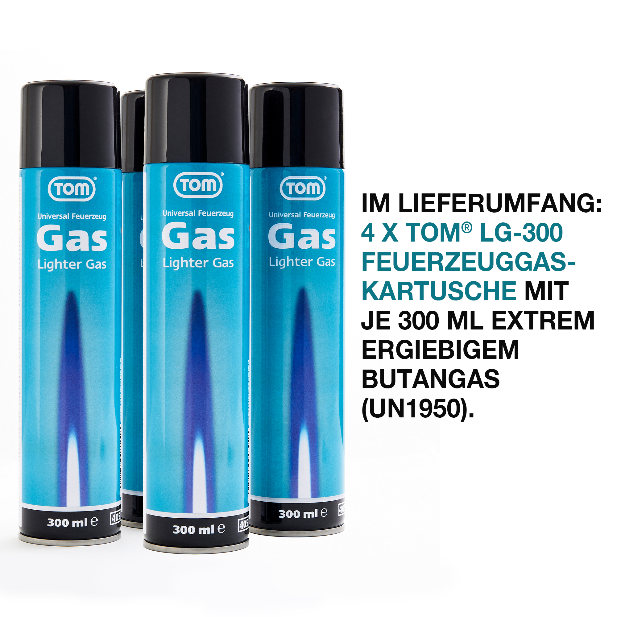 TOM LG-300 Butangas Lieferumfang: 4 Kartuschen je 300 ml Ergiebiges Butangas (UN1950)