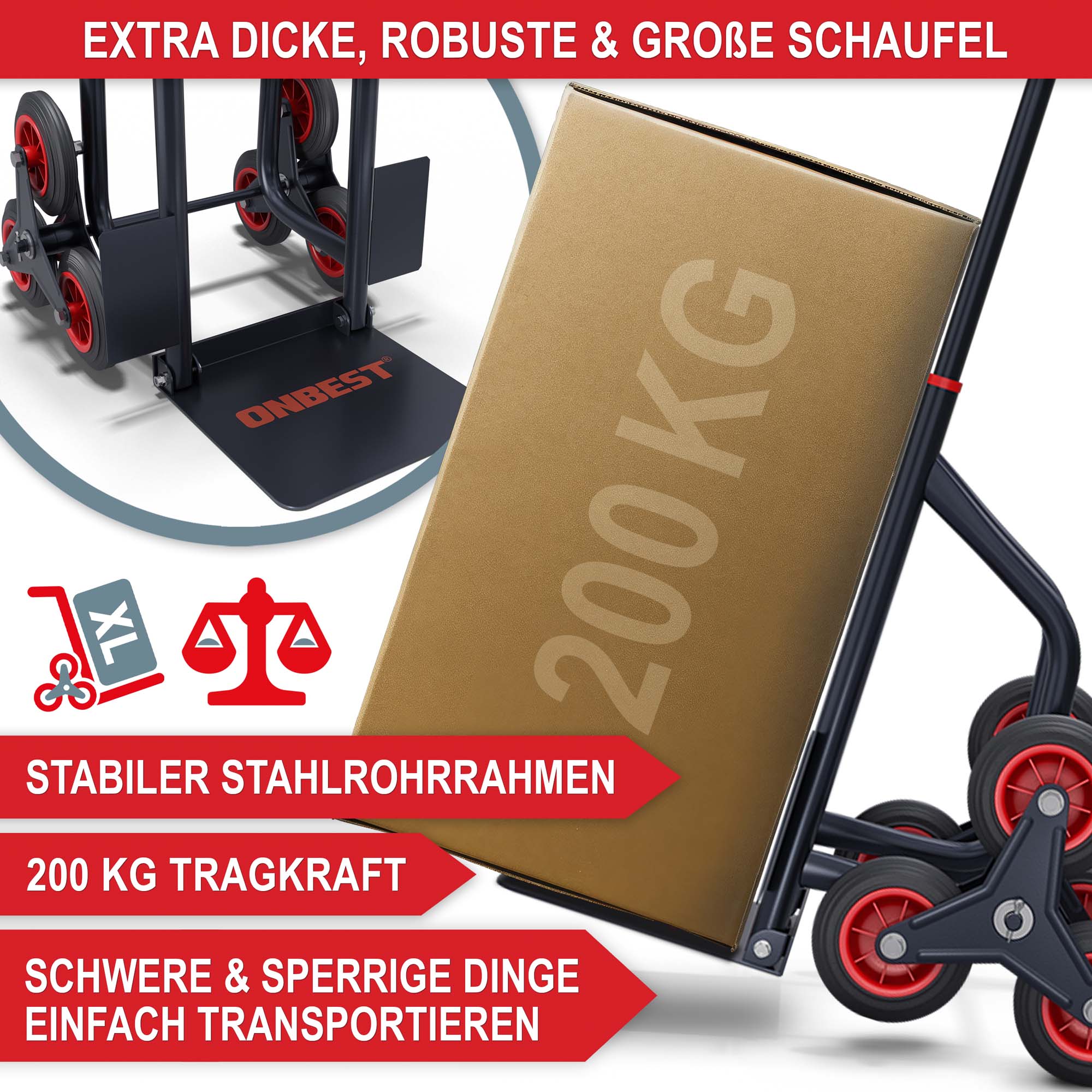 Treppensackkarre klappbar - Stabile Treppenkarre - Möbelkarre - Lastenkarre - Transportkarre - Treppensteiger - Schwere und sperrige Dinge einfach transportieren - 200 kg Tragkraft