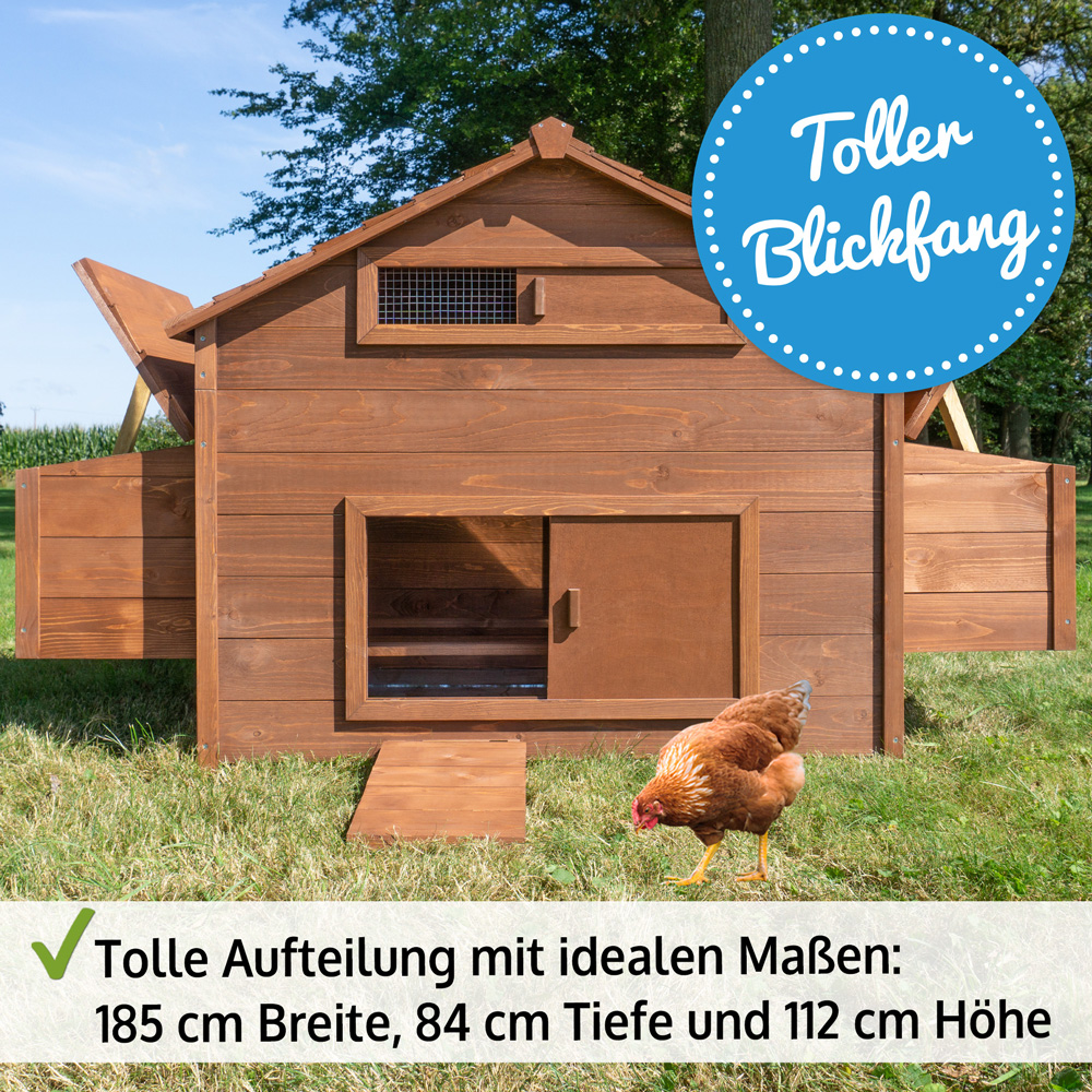 Hühnervoliere Happyfarm toller Blickfang mit idealen Maßen 185 cm Breite 84 cm Tiefe und 112 cm Höhe optimal aufgeteilt für glückliche Hühner