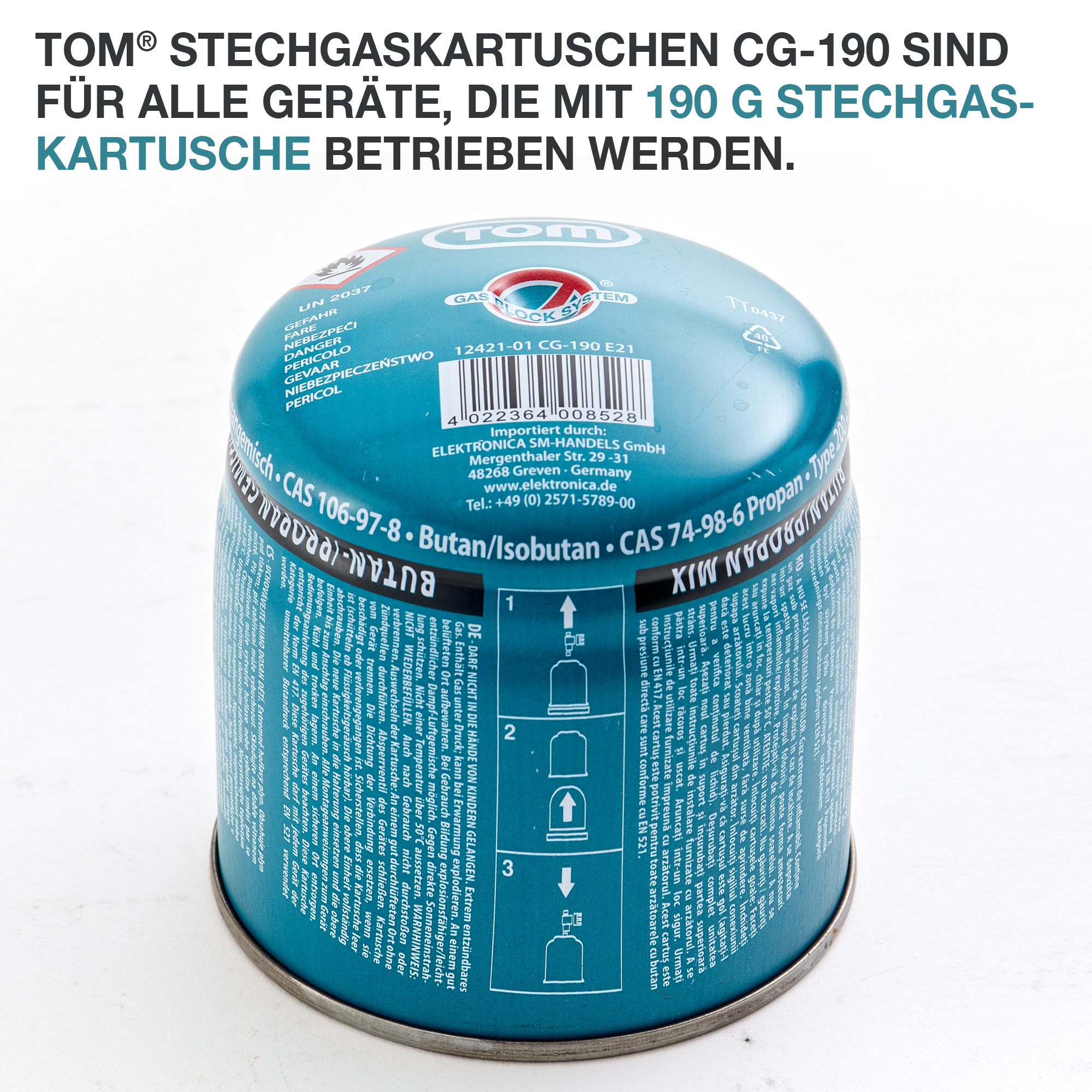 Stechgaskartusche - TOM - 190 g - Gas - Kartusche - Camping - Kochen