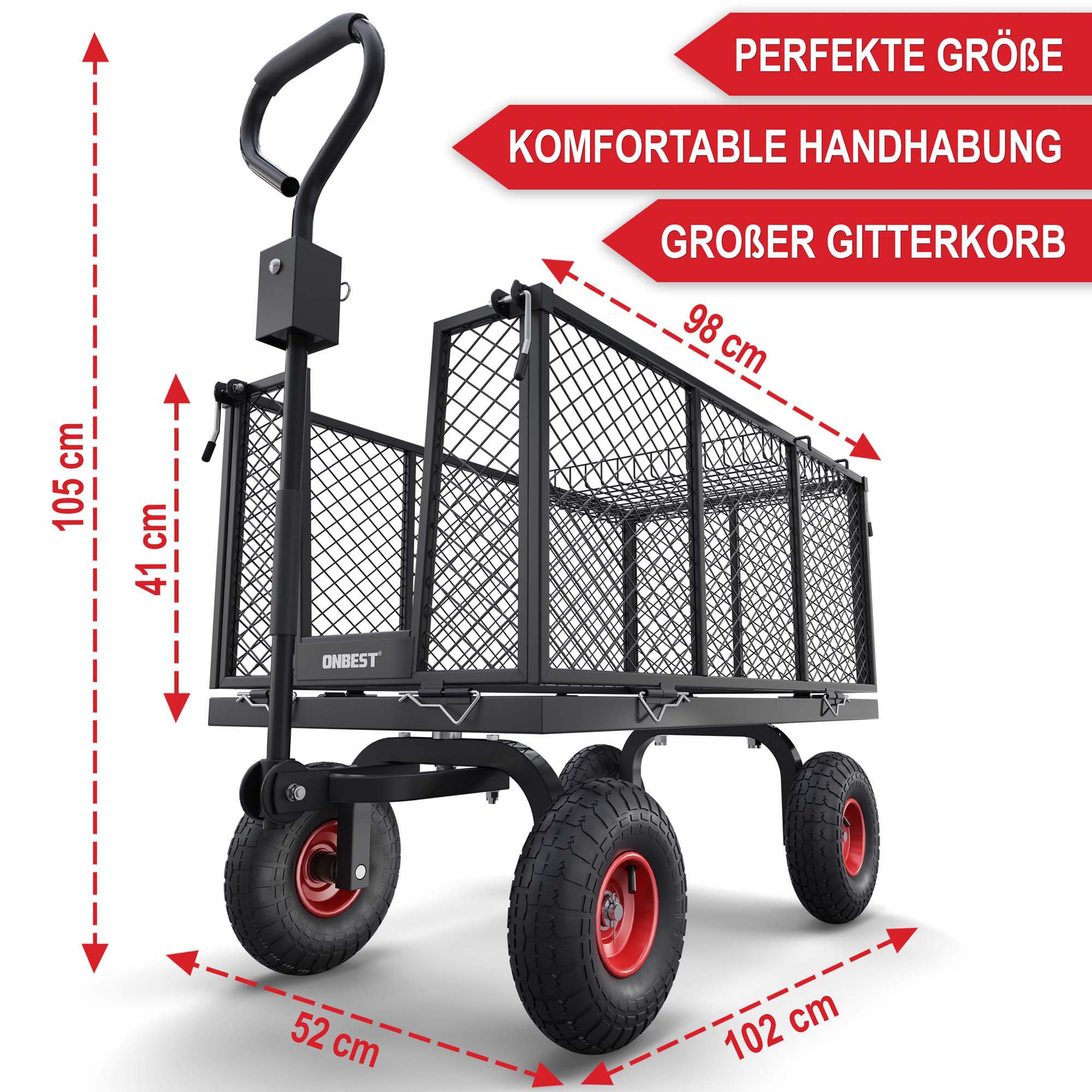 Transportwagen mit Gitterkorb komfortable Handhabung perfekte Größe großer Gitterkorb 105 cm hoch 102 cm lang 52 cm breit