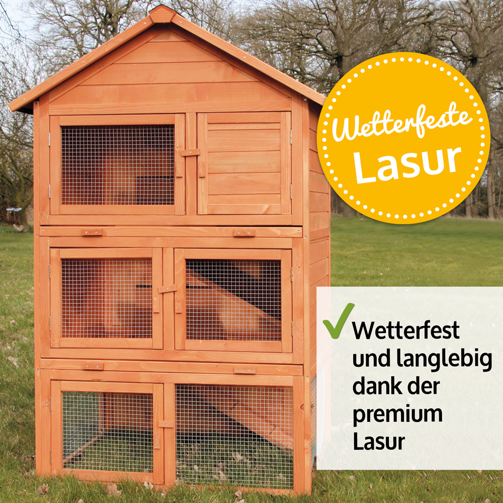 Wetterfester und langlebiger Hasenstall Jumbo dank der premium Lasur optimaler Schutz für deine Tiere bei jedem Wetter und ideal für die langfristige Nutzung im Garten