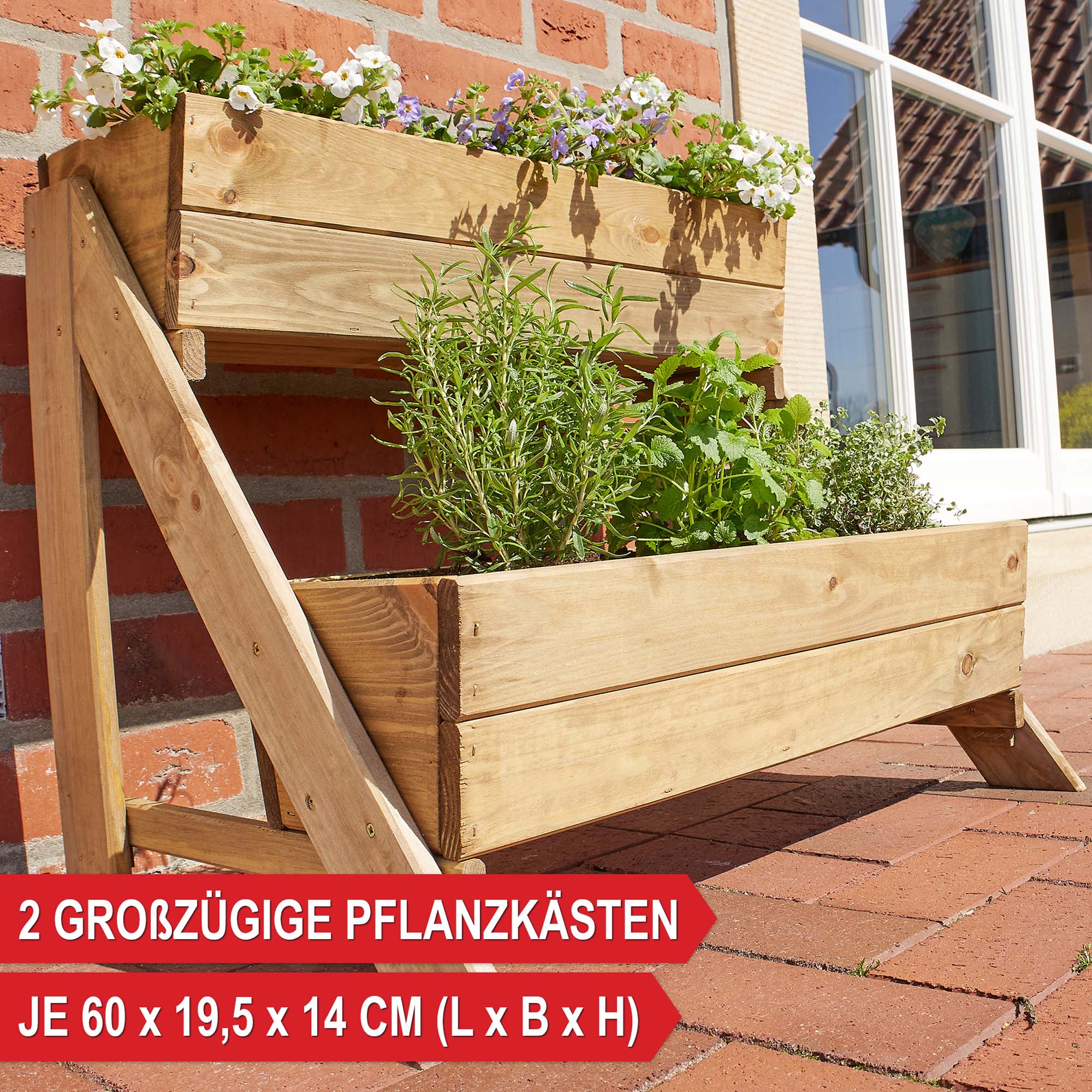 2 großzügige Pflanzkästen je 60x19,5x14 cm (LxBxH) - Pflanzkasten - Blumenbox - Kräuterbeet - Balkonpflanzkasten - Pflanzbehälter - Pflanzenbox - Gartenbehälter - Holzpflanzkasten - Blumenkasten