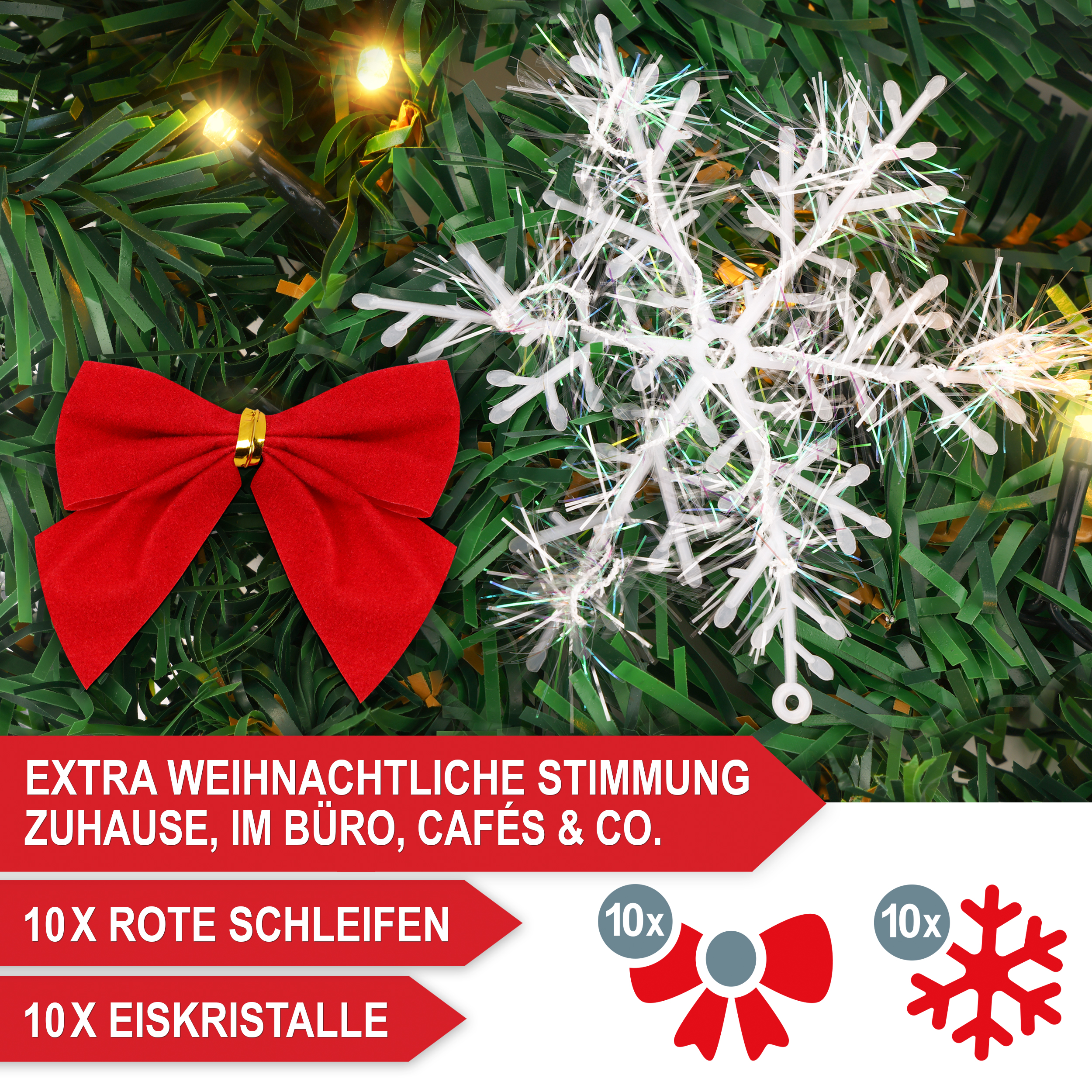 Weihnachtsgirlande - extra weihnachtliche Stimmung zuhause, im Büro, Cafés & Co. - 10x rote Schleifen - 10x Eiskristalle - Christbaumgirlande - Weihnachtsdekoration - Baumschmuck - Festliche Dekoration - Baumgirlande - Lichtergirlande - Dekogirlande