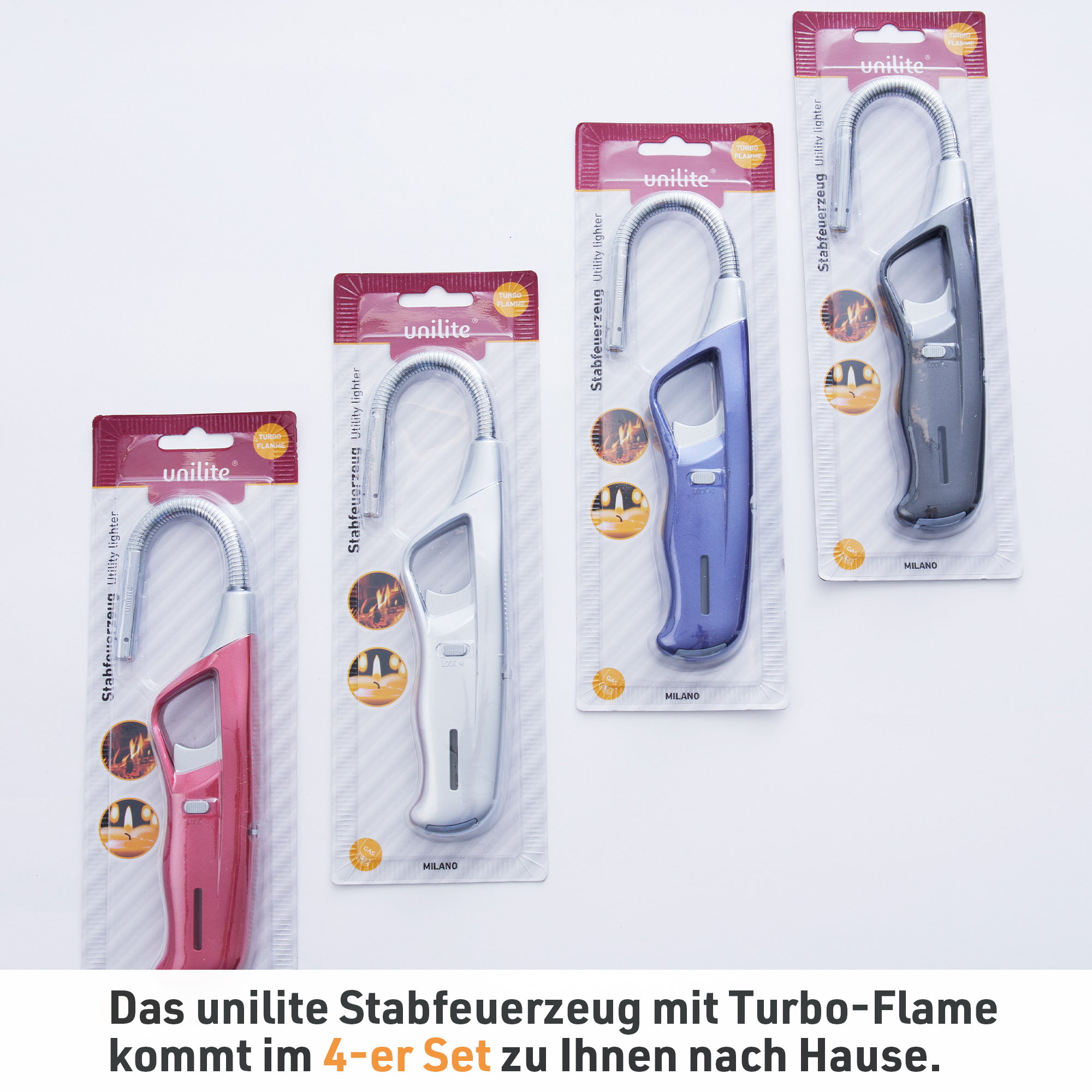 Unilite Stabfeuerzeug mit Turbo-Flamme im praktischen 4er-Set