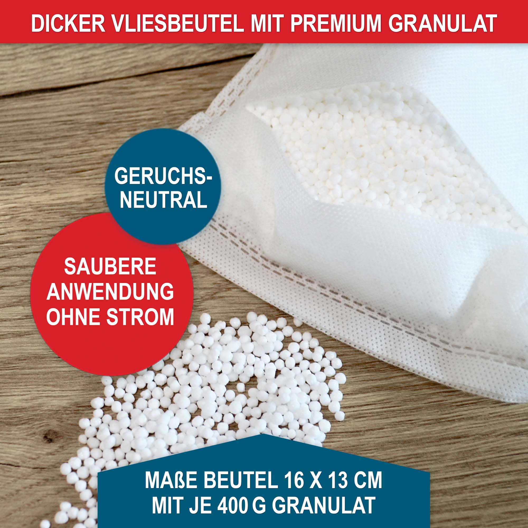 Dicker Vliesbeutel mit Premium-Granulat: Maße 16 x 13 cm mit je 400 g Granulat - geruchsneutral - saubere Anwendung ohne Strom - Luftentfeuchter Feuchtigkeitsabsorber Lufttrockner Raumentfeuchter Feuchtigkeitsregler Entfeuchter Nachfüllset