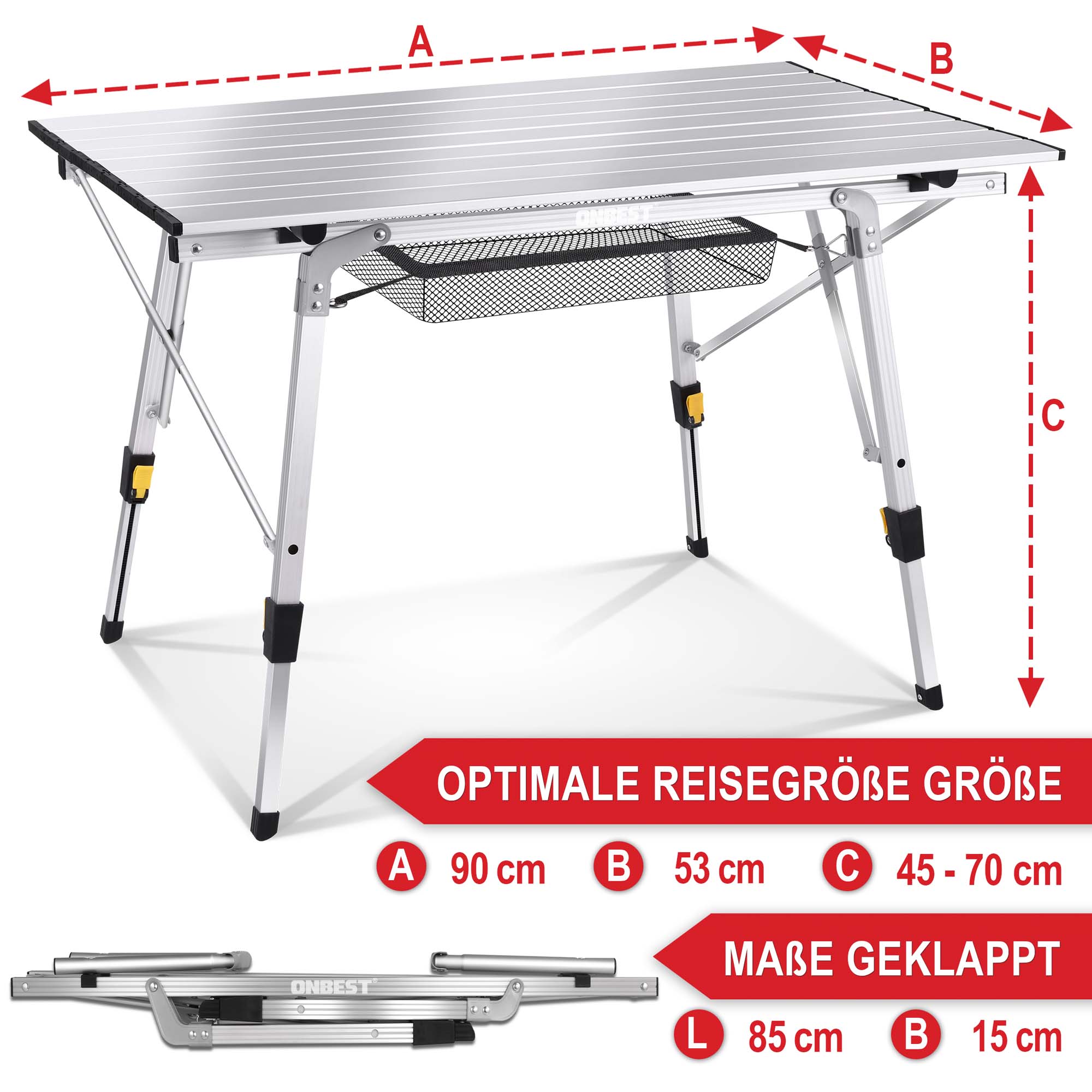 Klappbarer Campingtisch mit Maßen - 90 x 53 x 45-70 cm - Optimale Reisegröße - Kompakte Maße geklappt: 85 x 15 cm