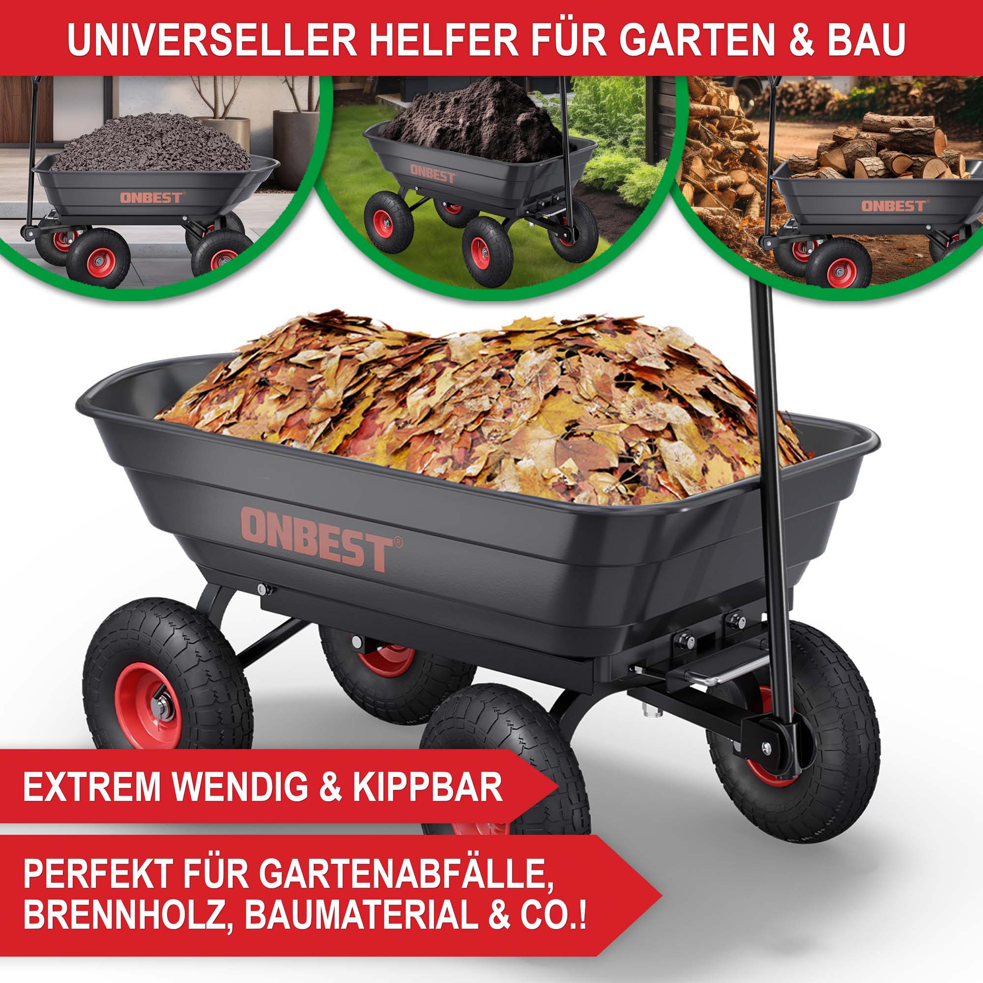 ONBEST Kippwagen universeller Helfer für Garten und Bau extrem wendig und kippbar perfekt für Gartenabfälle Brennholz Baumaterial und mehr