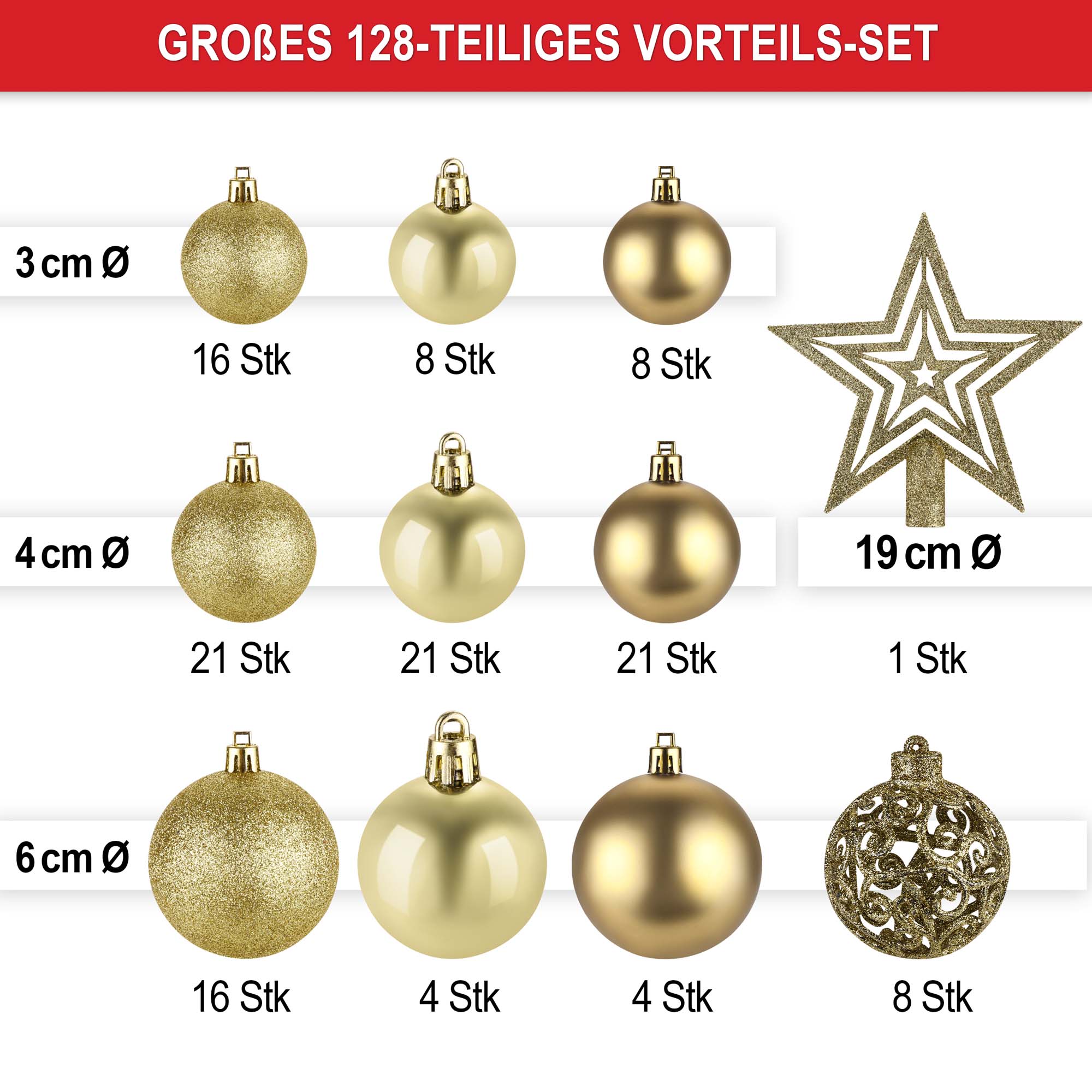 128 teiliges Weihnachtskugeln set in 3 groessen gold