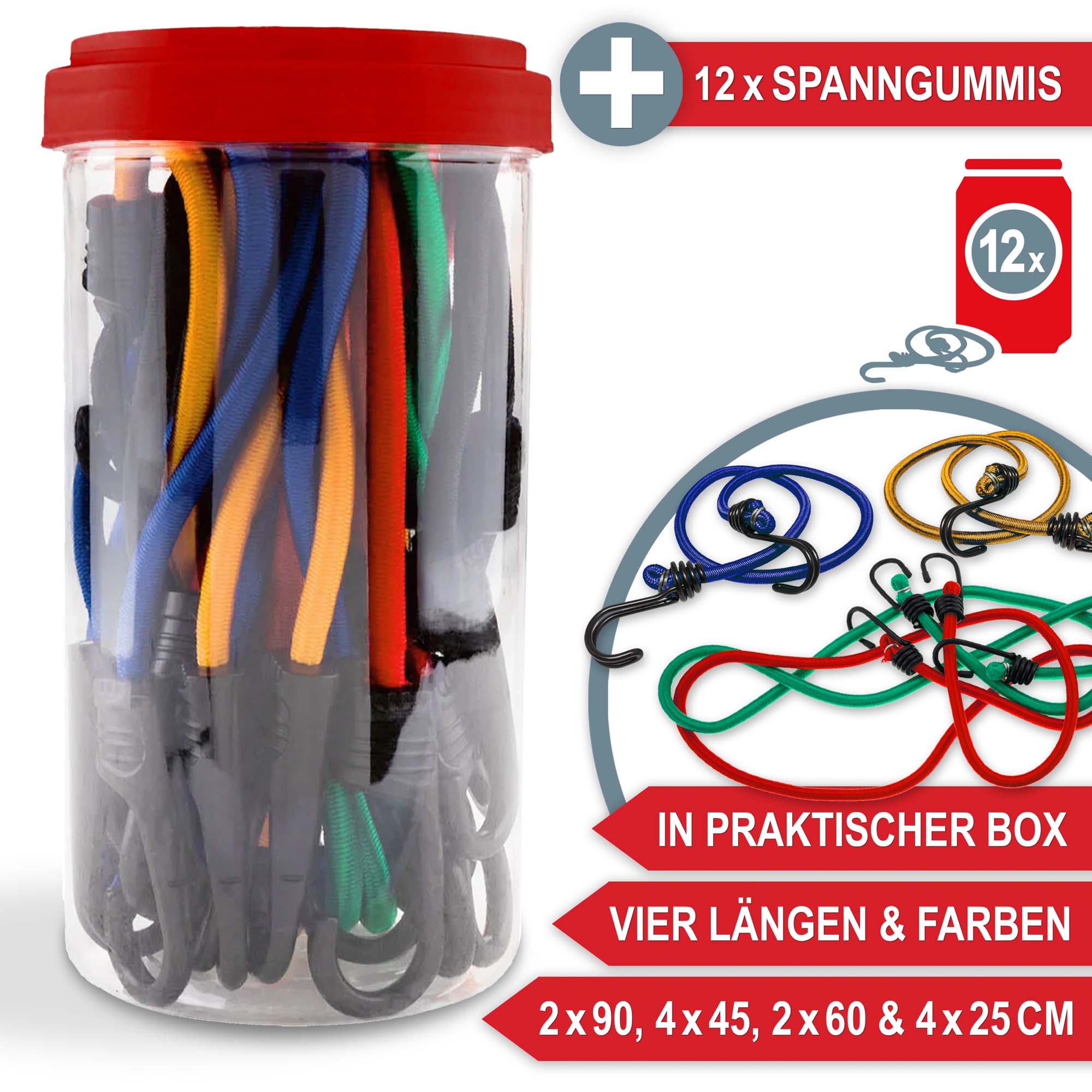 Spanngummis - 12 Stück - vier Längen & Farben - 2x90 cm, 4x45 cm, 2x60 cm, 4x25 cm - in praktischer Box - Gummispanner - Spannseile - Befestigungsgummis Treppensackkarre