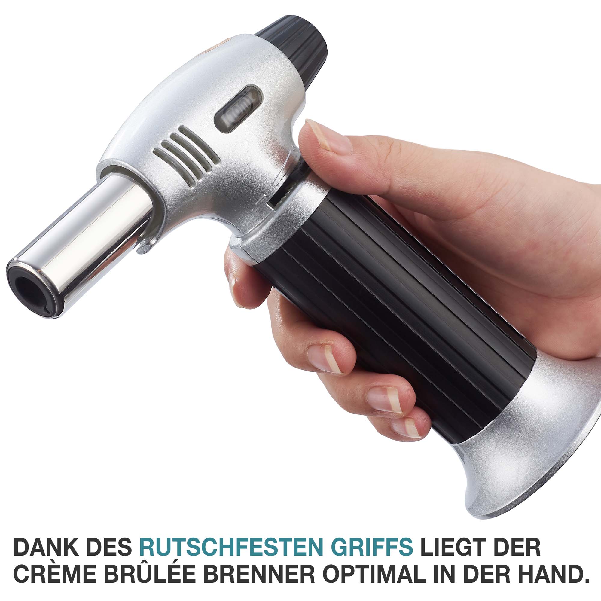 Dank des rutschfesten Griffs liegt der Creme Brulee Brenner optimal in der Hand