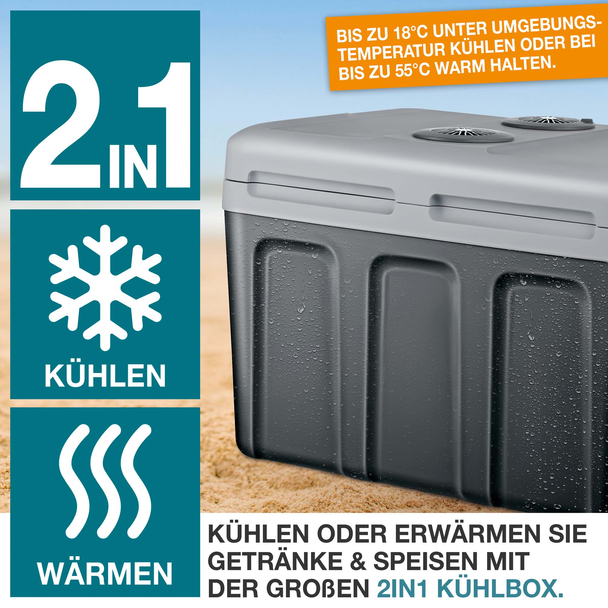 2-in-1 Kühl- und Wärmebox – Elektrische Kühlbox Grau 40L – Getränke und Speisen kühlen oder erwärmen – Ideal für unterwegs und Zuhause – Mit 230V und 12V Anschluss – Tragbare Kühlbox – Perfekt für Camping und Picknick