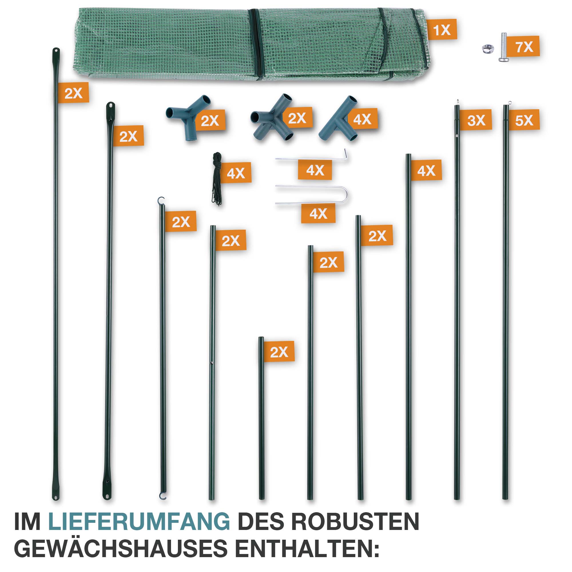 Im Lieferumfang des robusten Gewächshauses enthalten sind verschiedene Stangen Verbinder Heringe und die Gitterfolie