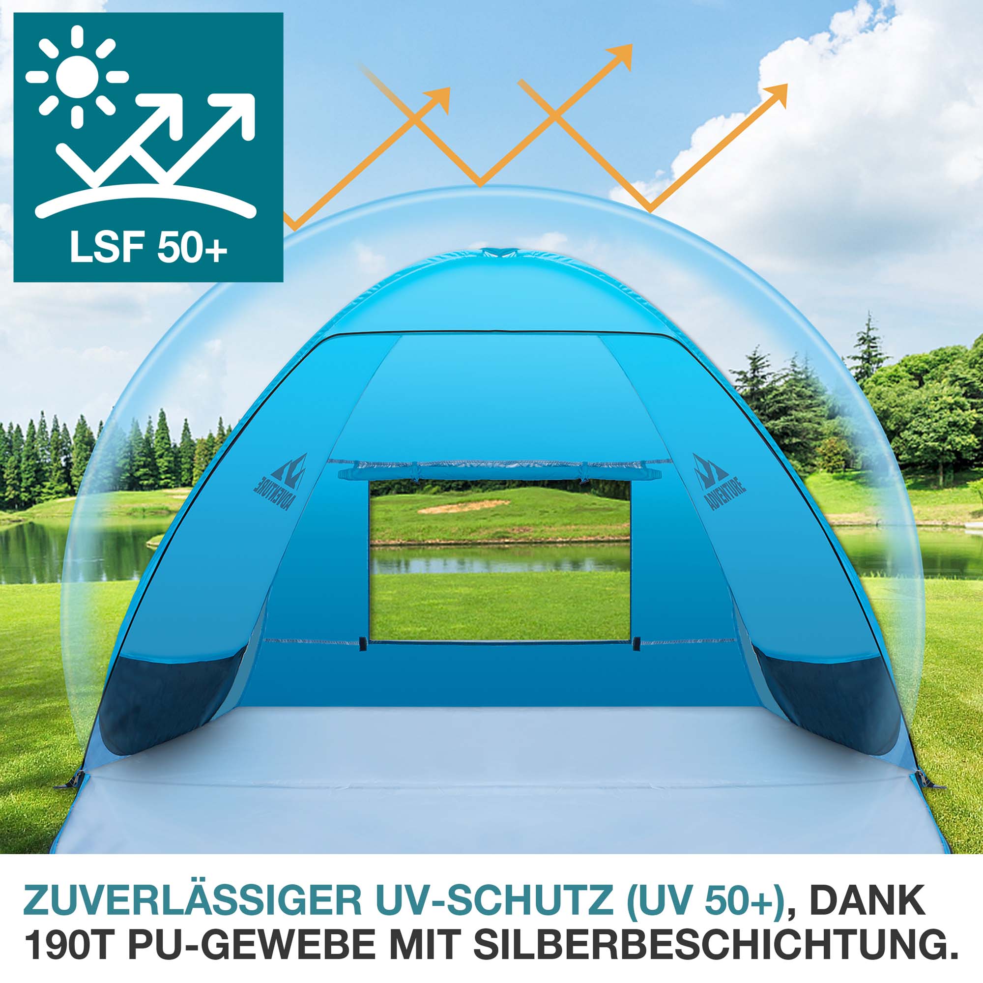 Blaue Strandmuschel mit UV-Schutz LSF 50+ dank silberbeschichtetem 190T PU-Gewebe idealer Schutz vor Sonnenstrahlen