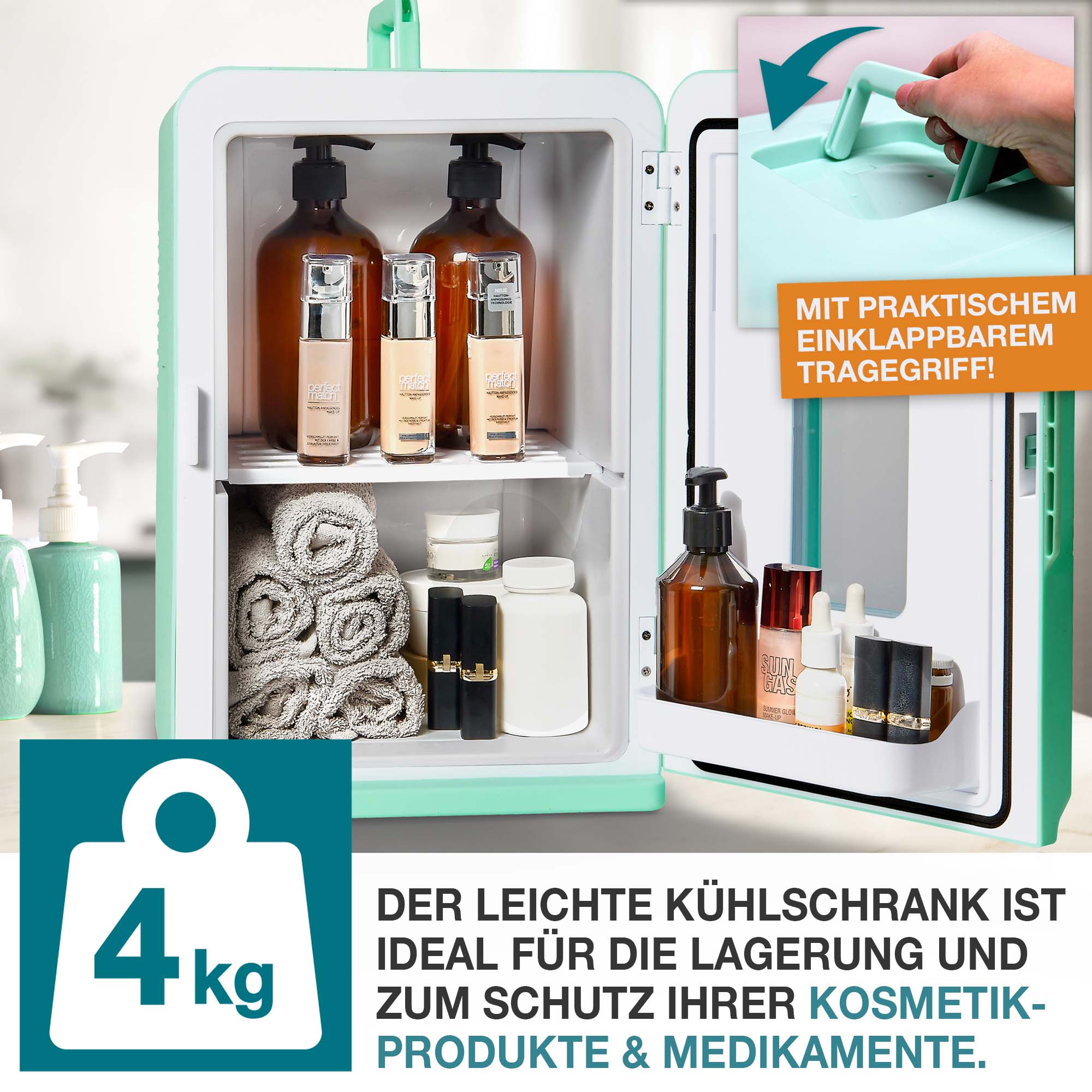 Leichtgewichtiger Kühlschrank grün ideal zur Lagerung und zum Schutz von Kosmetikprodukten und Medikamenten