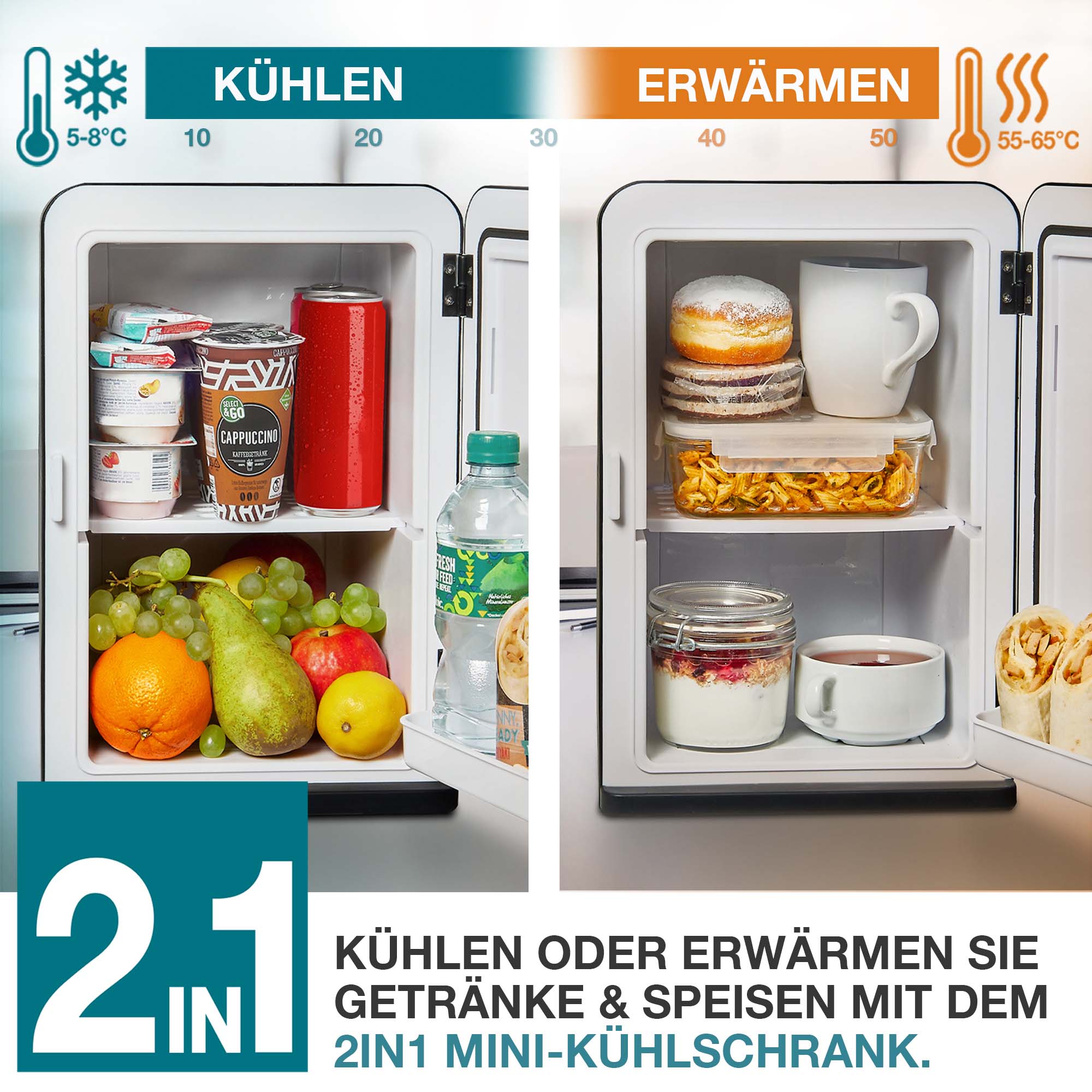 Mini-Kühlschrank schwarz für Getränke und Speisen sowohl zum Kühlen als auch Erwärmen ideal für zuhause oder unterwegs 2in1 Funktion