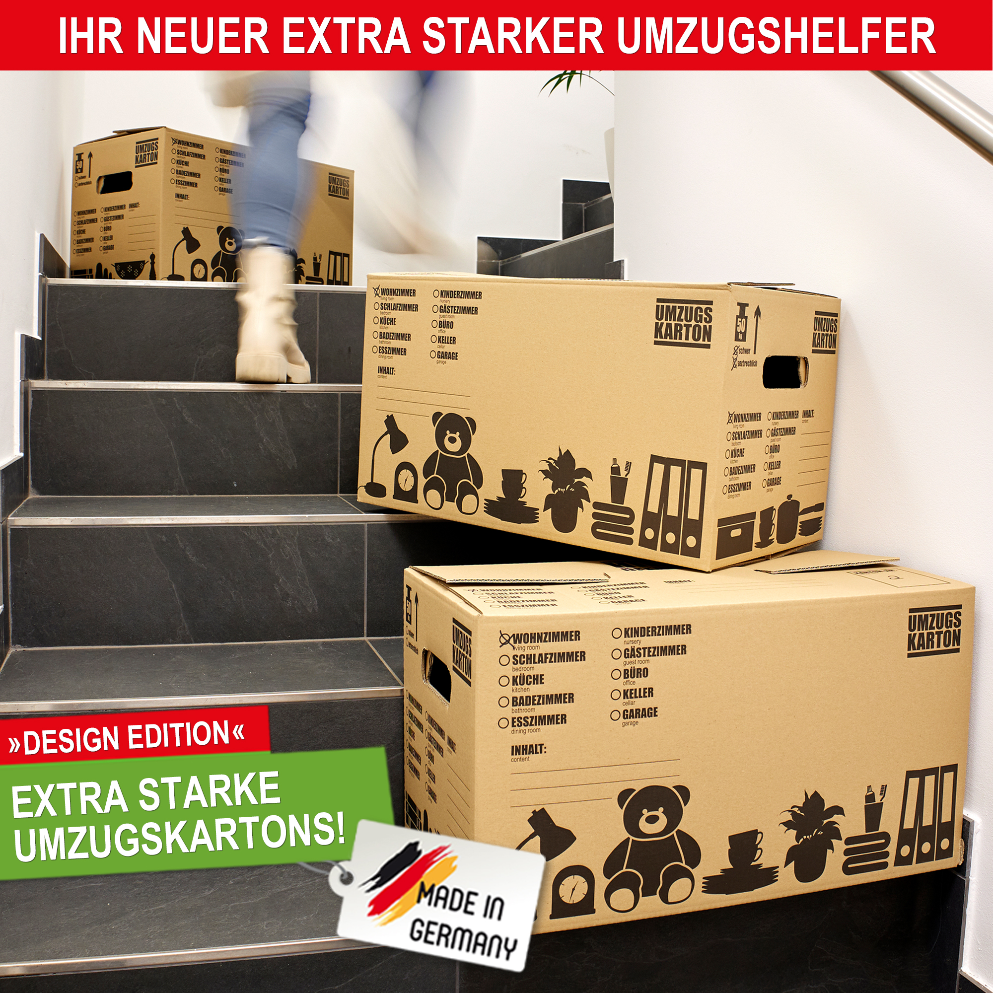 Umzugskartons - Verpackungskarton - Umzug und Lagerung - Umzugshelfer - Extra starke Umzugskartons - Doppelt verstärkter Schmetterlingsboden - Transportkarton