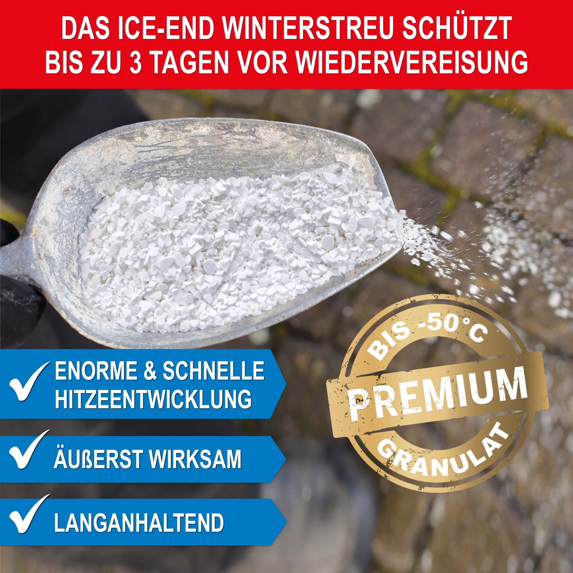 ICE-End Winterstreu - Enorme & schnelle Hitzeentwicklung - Äußerst wirksam - Langanhaltend - Schützt bis zu 3 Tage vor Wiedervereisung - Premium Granulat - Streusalz Alternative - Schneestopp - Winterdienst - Schneeräumung