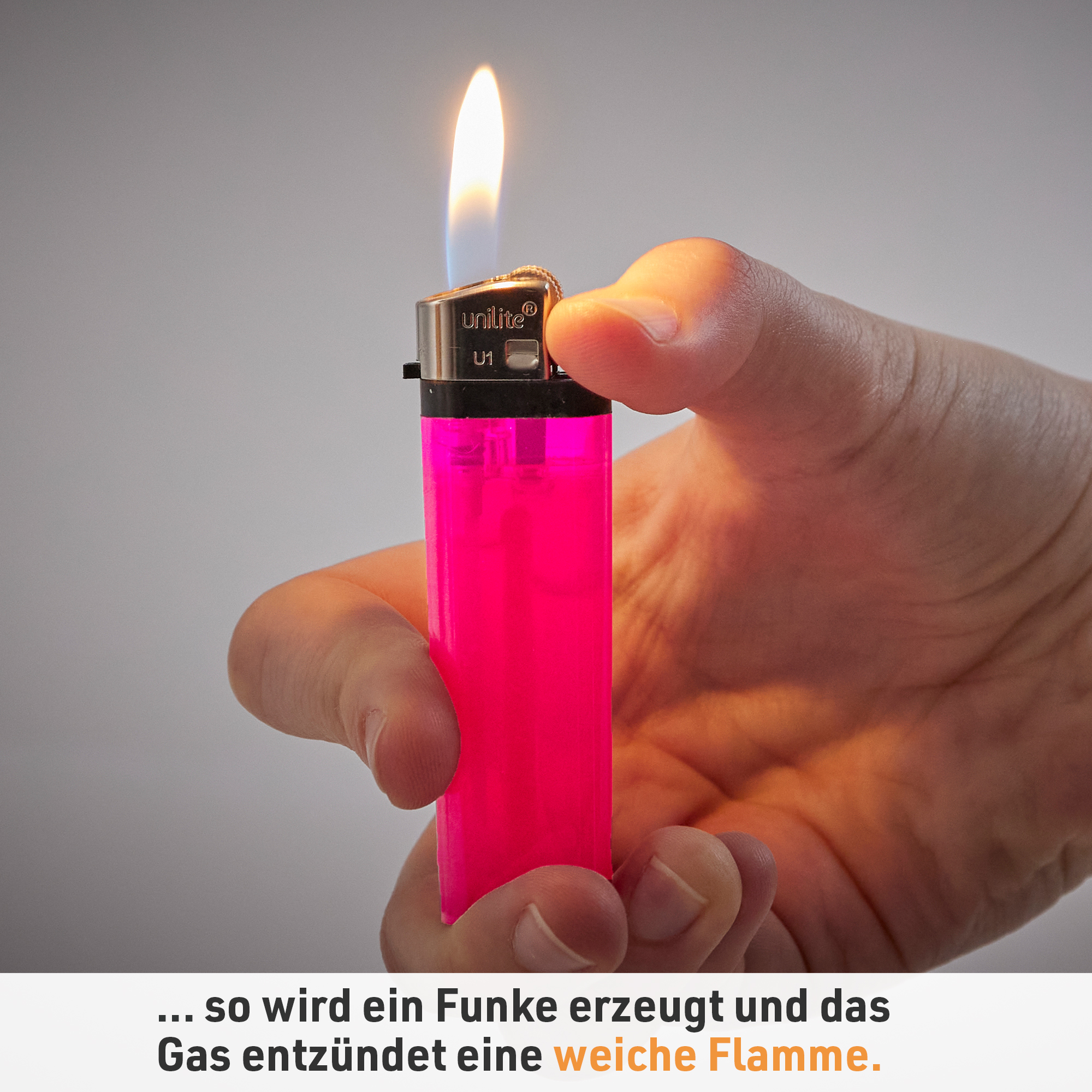 Durch das Reibrad wird ein Funke erzeugt, der das Gas entzündet und eine weiche Flamme erzeugt