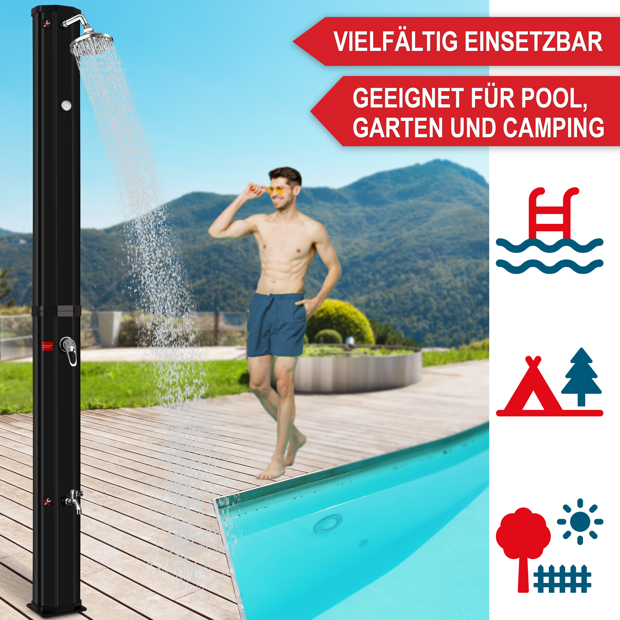 Vielseitig einsetzbare Solardusche - Gartendusche für Pool, Garten und Camping - Umweltfreundliche Außendusche - Energiesparende Pooldusche - Freiluftdusche - Nachhaltige Wassernutzung - Outdoor - Wellness - Duschsäule in schwarz