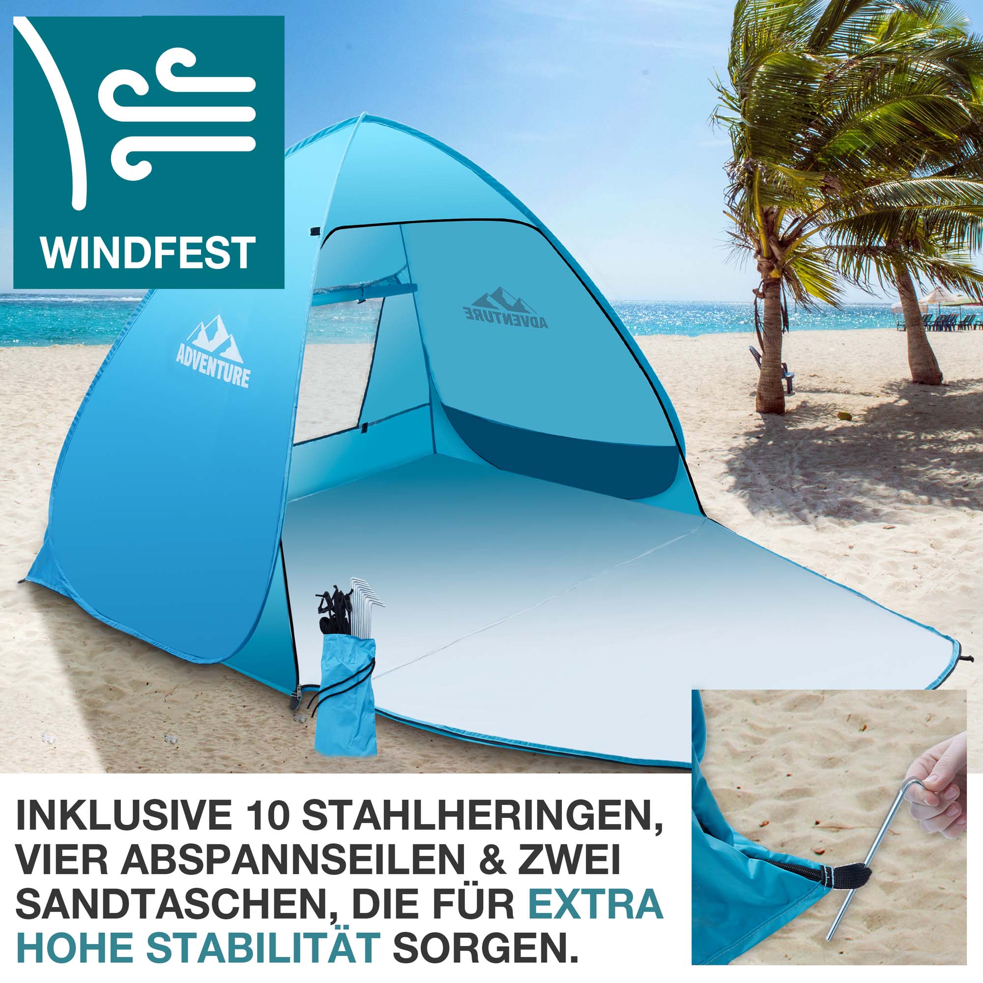 Blaue Strandmuschel am Strand mit Windschutz inklusive 10 Stahlheringen 4 Abspannseilen und 2 Sandsäcken für extra hohe Stabilität