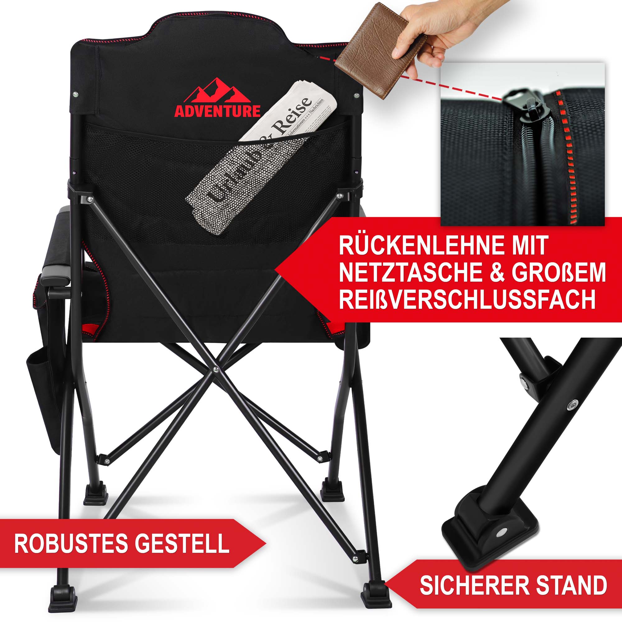 Campingstuhl Schwarz-Rot mit robusten Gestell sicheren Stand und Netztasche und großen Reißverschluss in der Rückenlehne