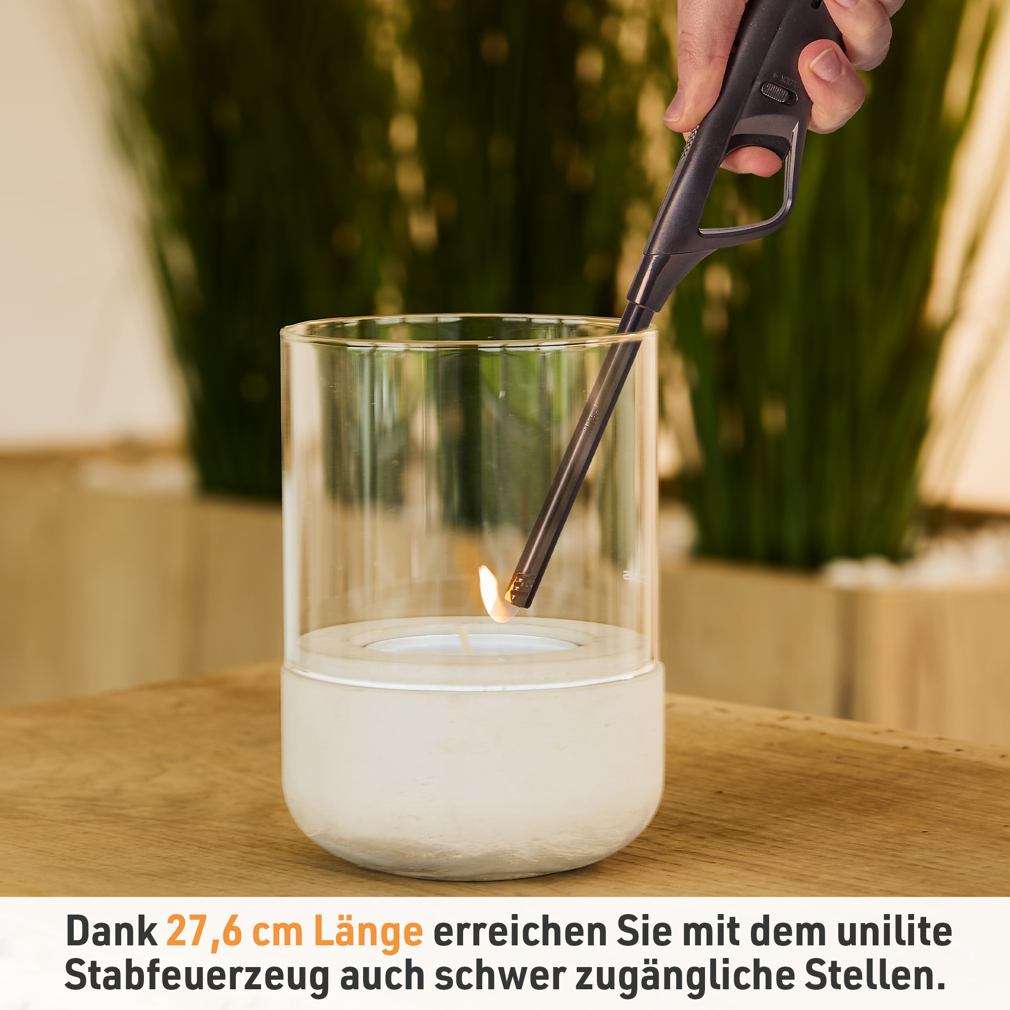 Dank 27,6 cm Länge erreichen Sie mit dem unilite Stabfeuerzeug auch schwer zugängliche Stellen