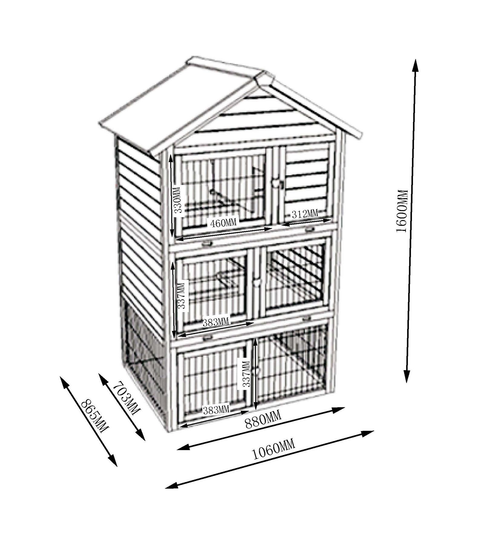 Hasenstall Jumbo mit den Maßen 106 cm Breite, 86,5 cm Tiefe und 160 cm Höhe bietet auf drei Etagen viel Platz für Kaninchen