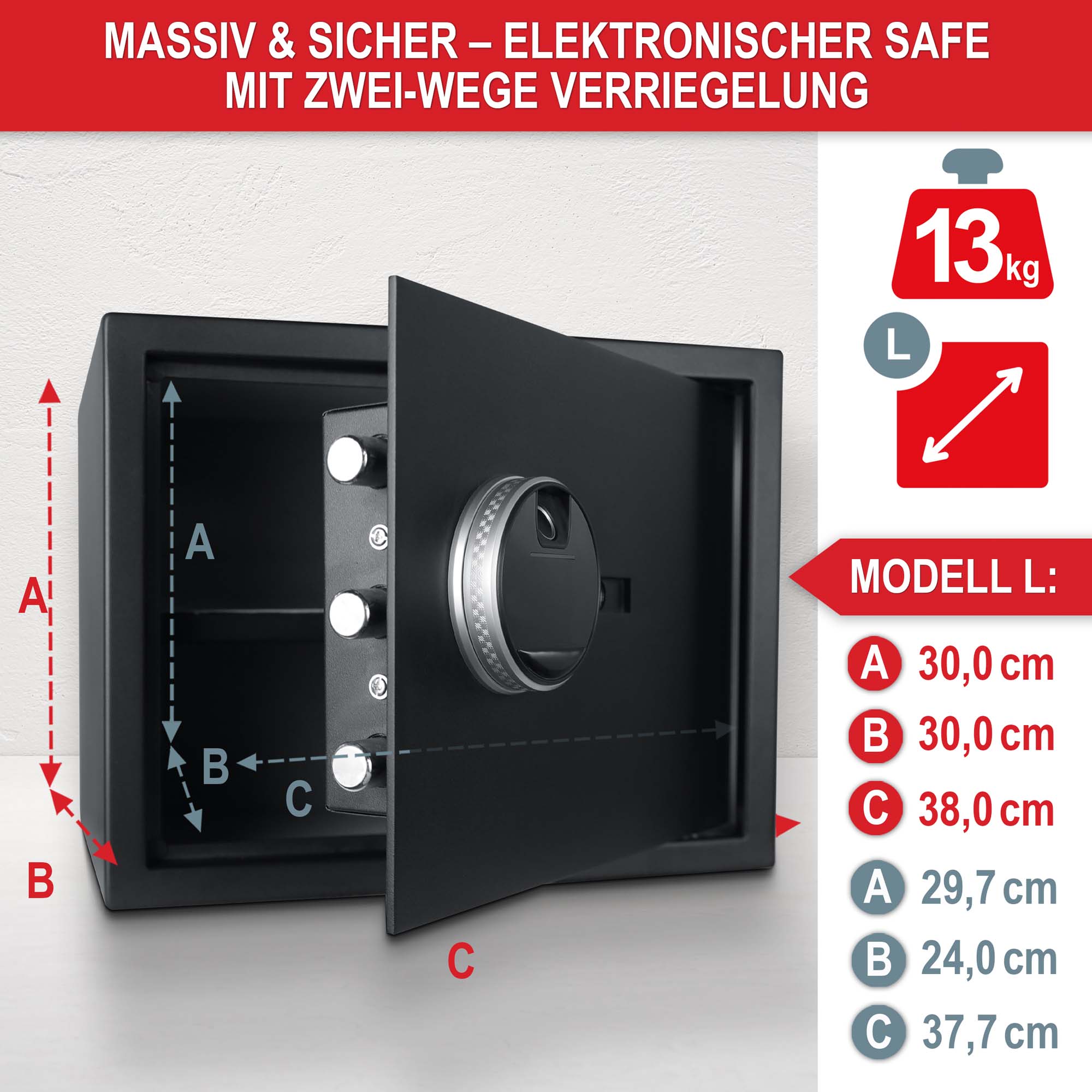 Massiv & sicher - Elektronischer Safe mit Zwei-Wege Verriegelung - 13 kg - Modell L: A 30,0 cm, B 30,0 cm, C 38,0 cm - Tresor - Sicherheitsbox - Sicherheitsschrank - Wertschutz