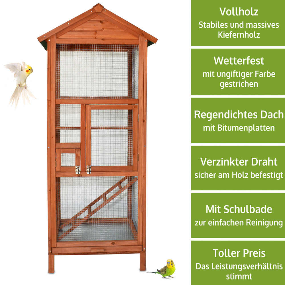 Vogelvoliere Modell M aus stabilem Kiefernholz wetterfest und leicht zu reinigen mit regendichtem Dach und verzinktem Draht ideal für Ihre Vögel