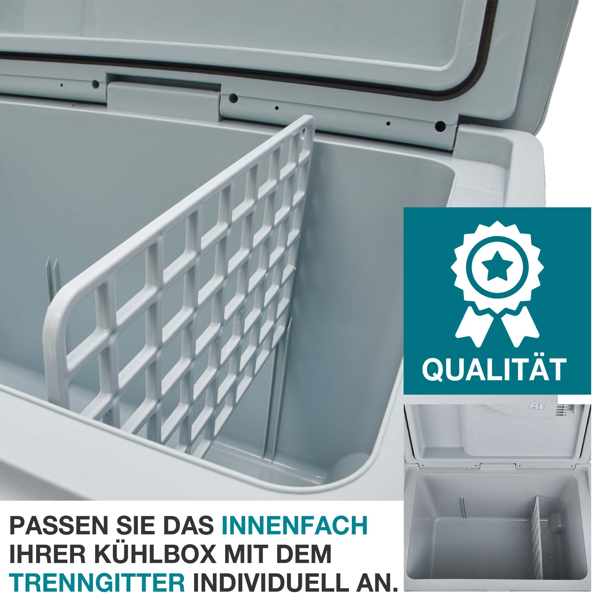 Kühlbox grau – Die praktische Kühlbox verfügt über ein individuell anpassbares Innenfach mit einem Trennsystem, sodass Sie Ihre Getränke und Lebensmittel optimal sortieren können. Transportbox – Thermobox – Isolierbox – Kühlcontainer – Tragbare Kühlung