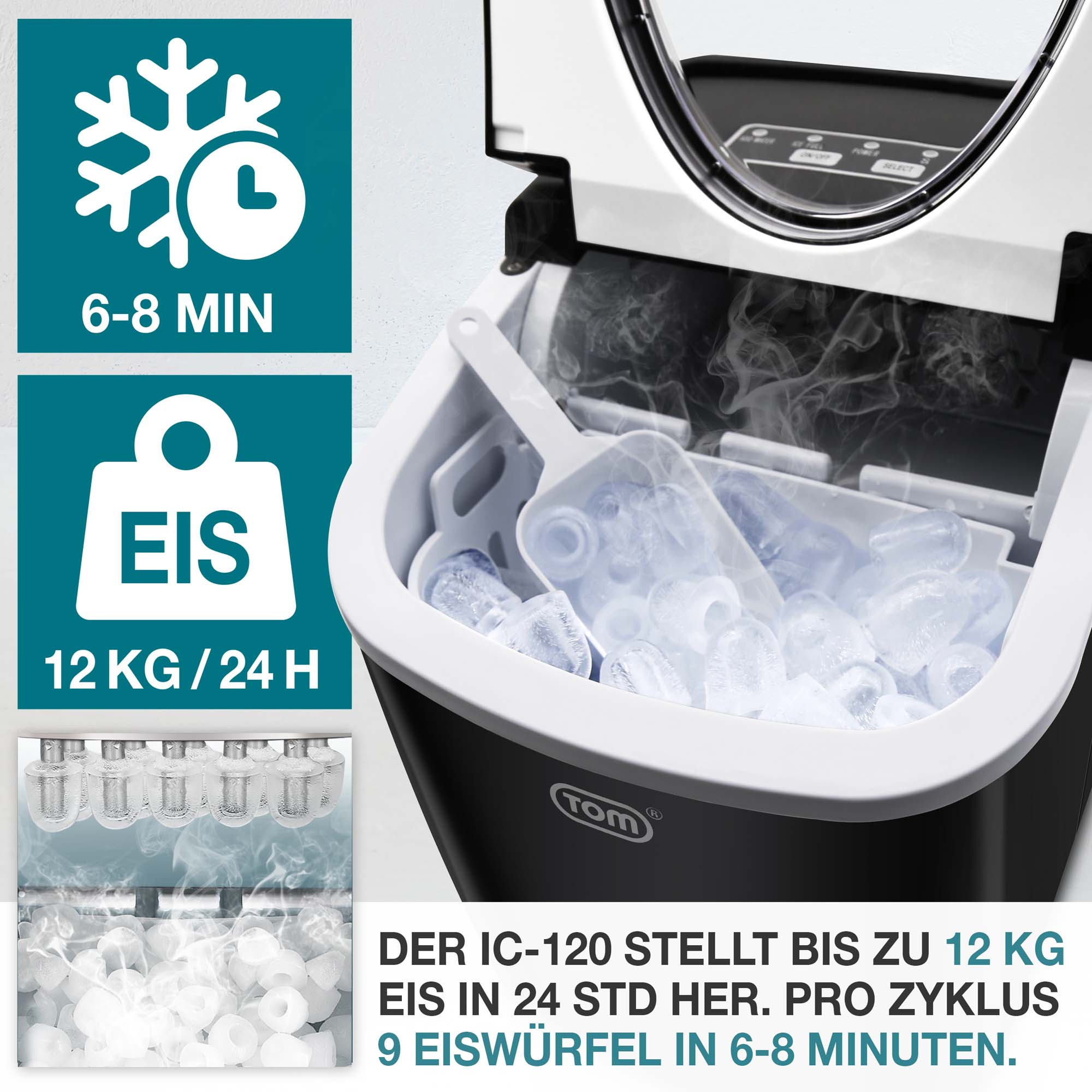 Eiswürfelmaschine IC-120 – Produziert bis zu 12 kg Eis in 24 Stunden – 9 Eiswürfel in 6-8 Minuten – Perfekt für Partys – Schnelle Eisproduktion – Kompaktes Format – Ideal für Zuhause