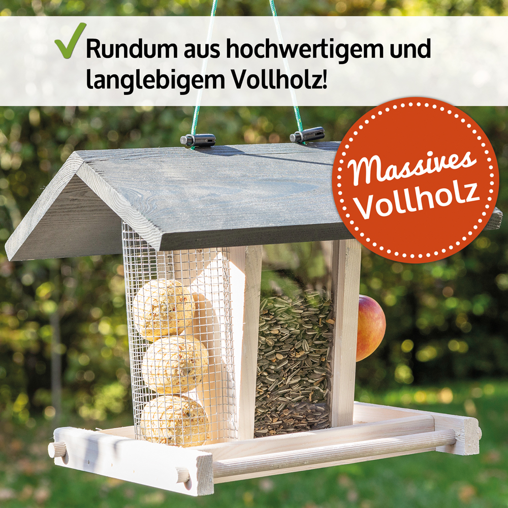 Vogelhaus Bird Kitchen aus hochwertigem Vollholz mit grauem Dach gefüllt mit Vogelfutter und Meisenknödeln ideal für verschiedene Vogelarten