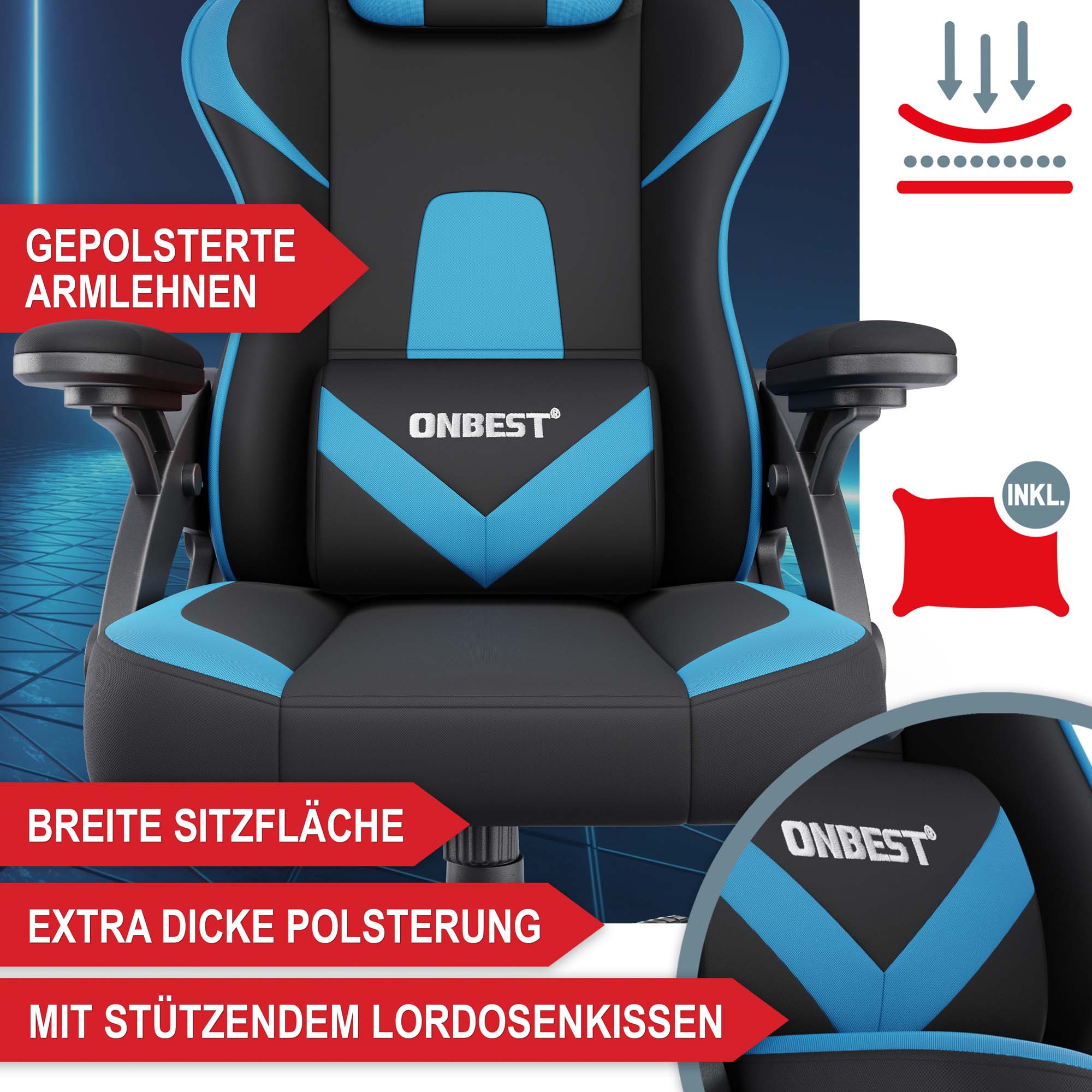 Gamingstuhl schwarz-blau mit gepolsterten Armlehnen breite Sitzfläche extra dicke Polsterung mit stützendem Lordosenkissen